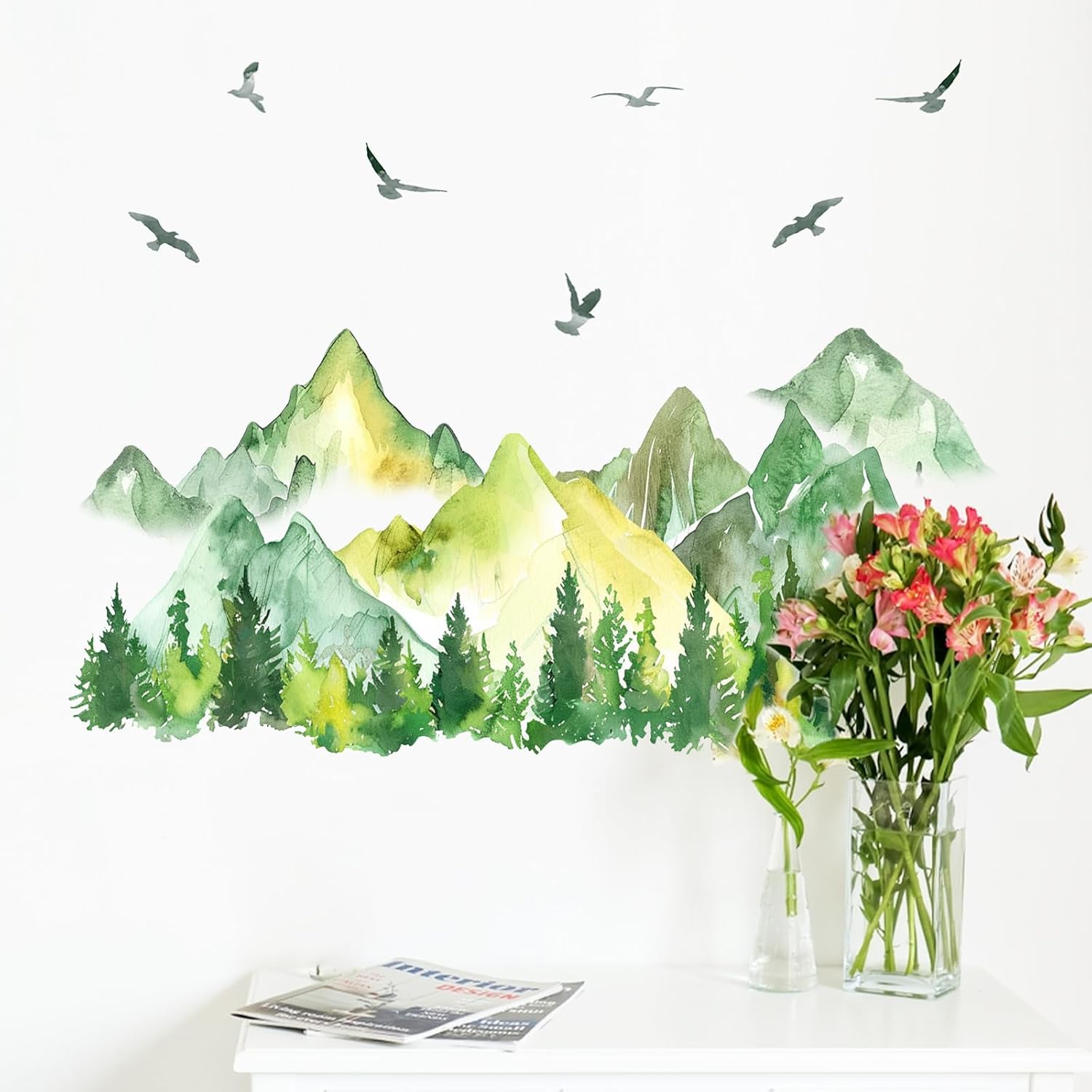Watercolor Wall Decals Stickers / Mountain Birds / Green