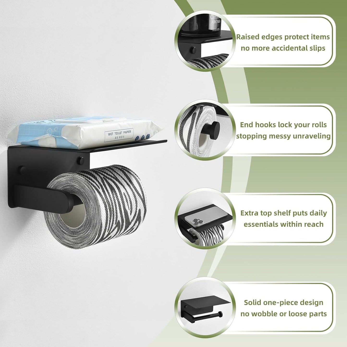 APLusee Toilet Paper Holder with Phone Shelf, Matte Black, Wall Mounted | 304 Stainless Steel, Rustproof Tissue Holder
