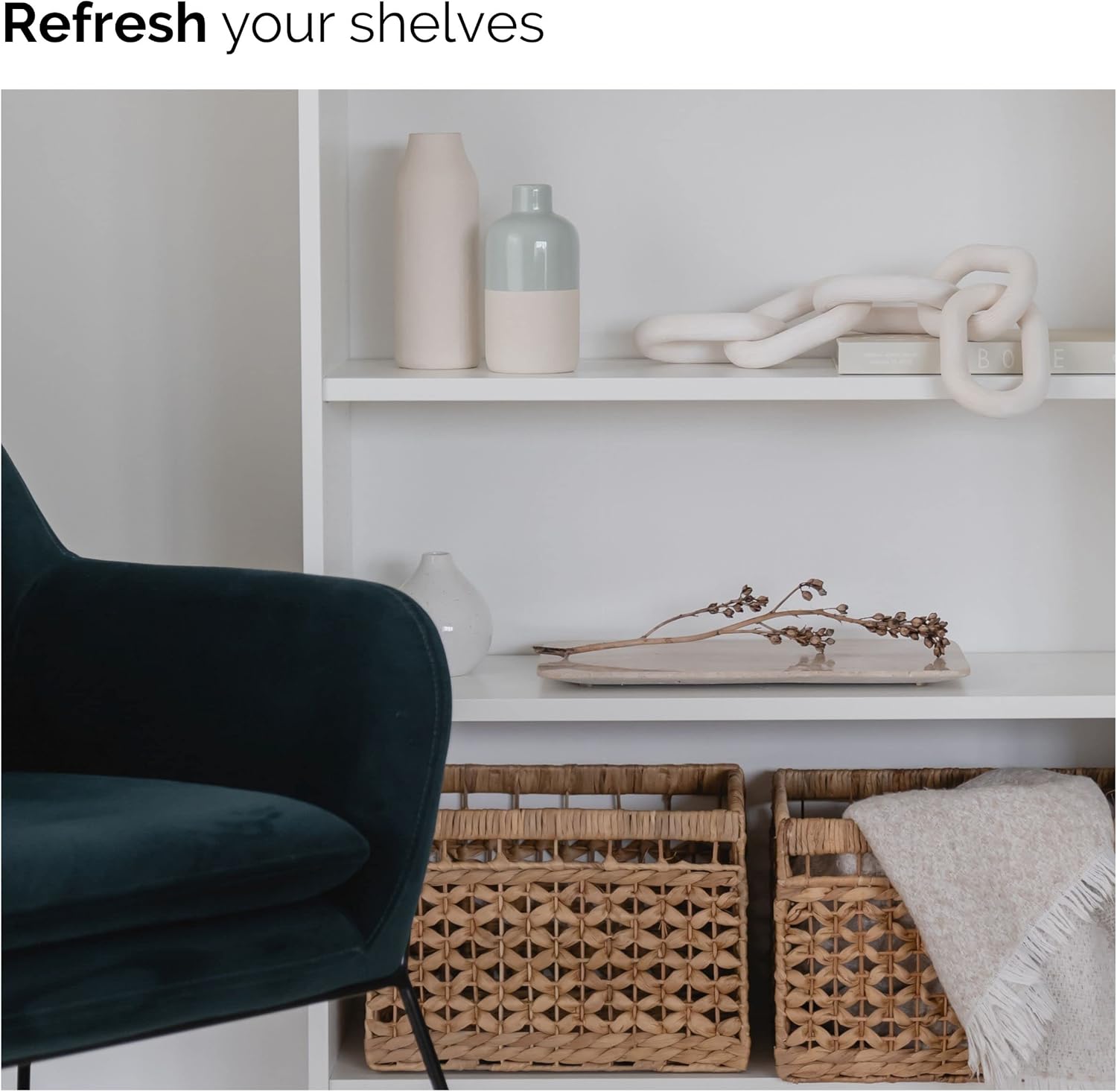 Book Shelf / Wood Chain Link Decor / Whitewashed / 5-link / White