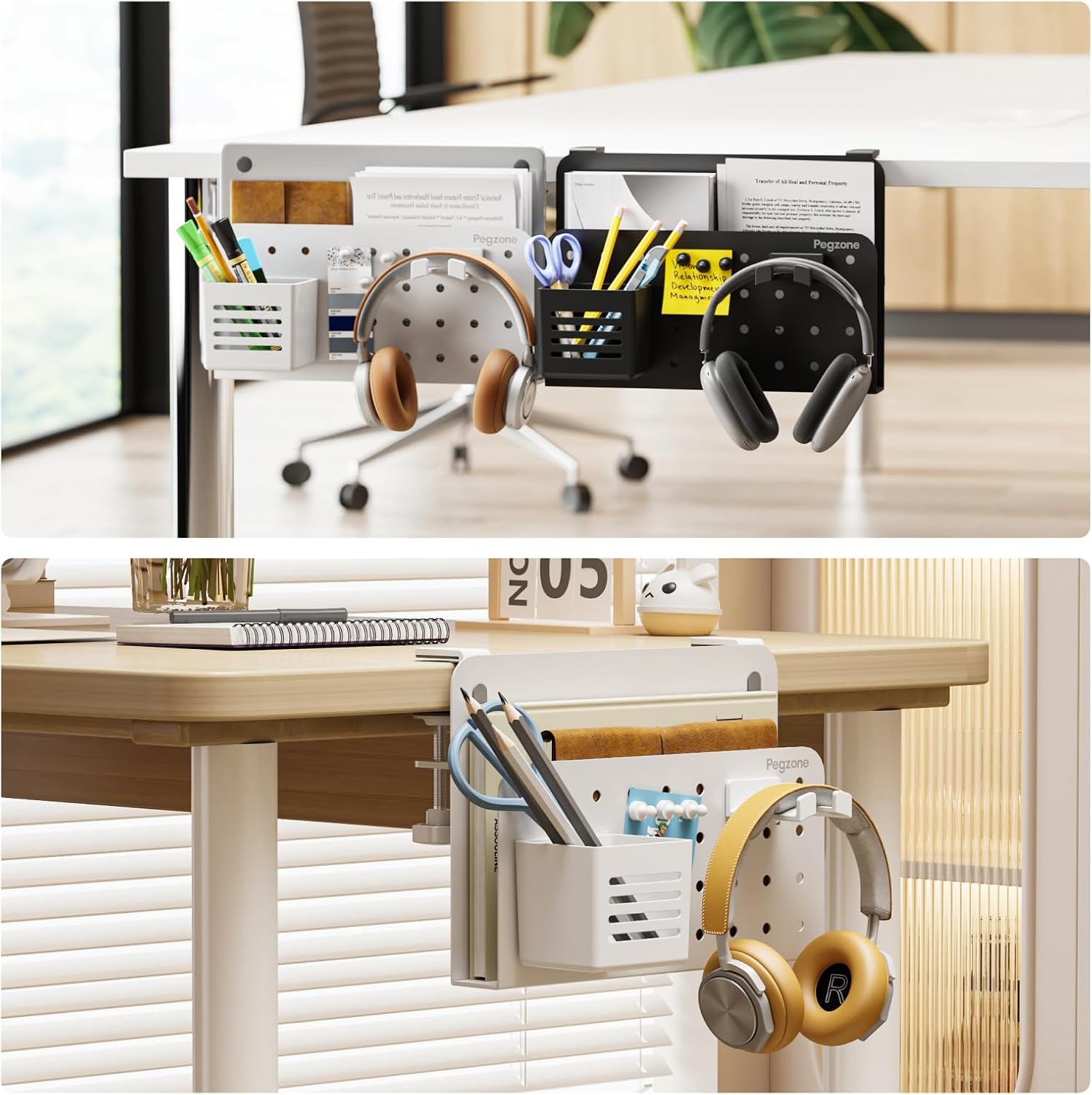Desk Side Storage Organizer, Fits Flat Edge 0.4" to 2.2", White | No Drill Under Desk Laptop Holder, Clamp on Desks