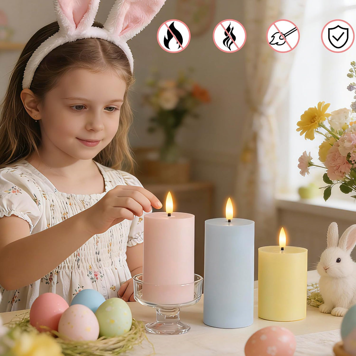 Flameless Easter Candles with Remote, Battery Operated Spring Candles | Pastel Realistic Flickering LED Pillar Candles