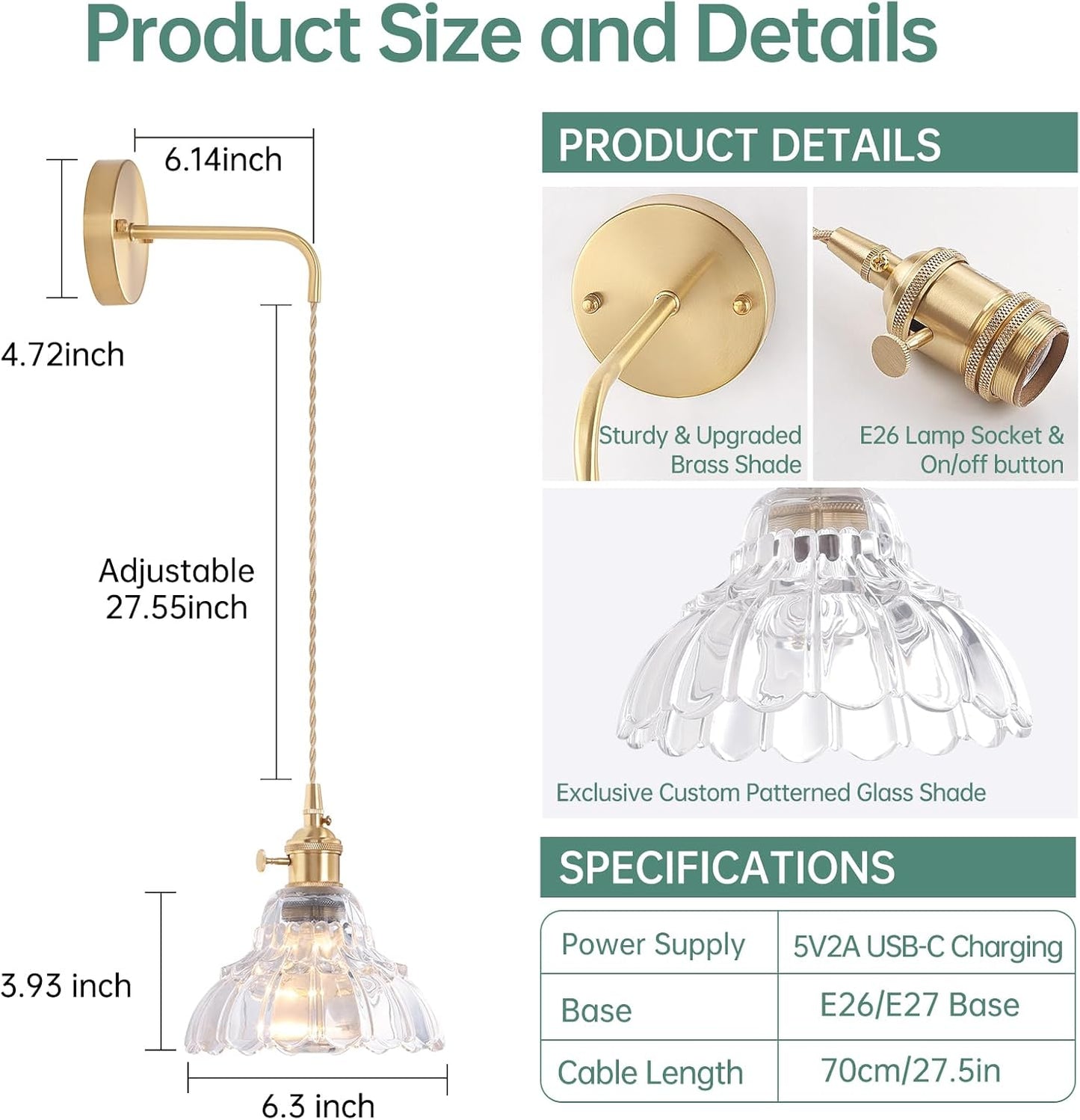 Shenmoyl Battery Operated Wall Sconce Wall Lamp with Clear Lily of the Valley Shade Pattern Glass Adjustable Chain