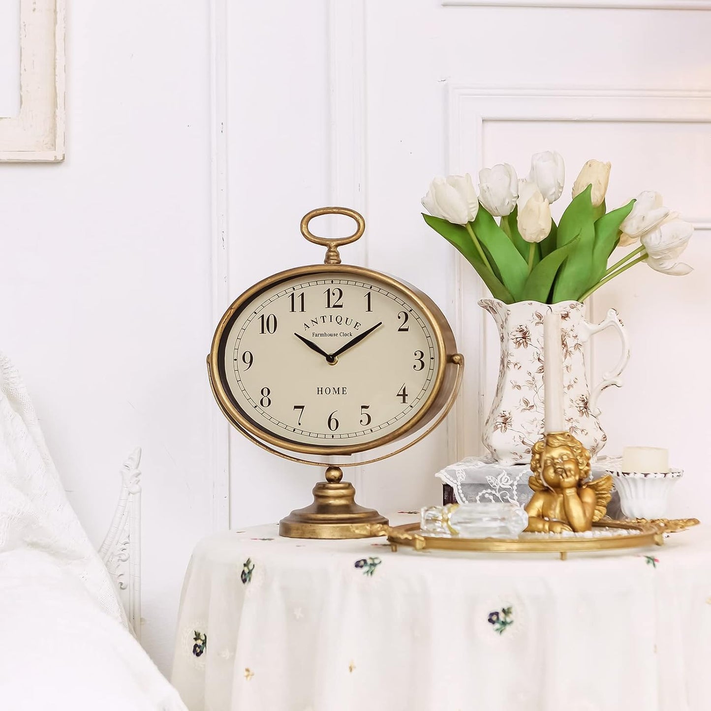 NIKKY HOME Mantel Clock, Gold Retro Tabletop Clocks Silent-Non-Ticking | 11-inch Large Desk Clock for Living Room