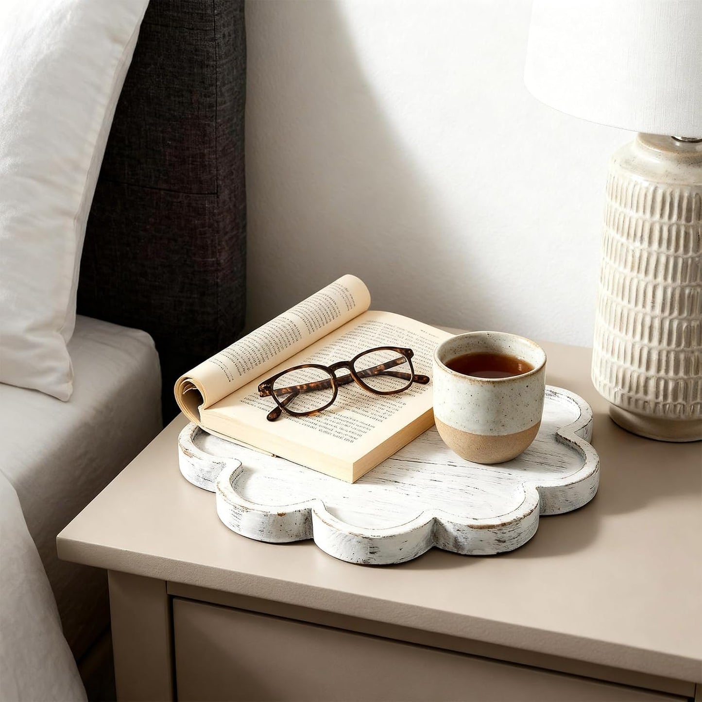 Decorative Serving Tray Wood Scalloped Serving Tray Round Wooden Display Plate / White / 12.6 Inch