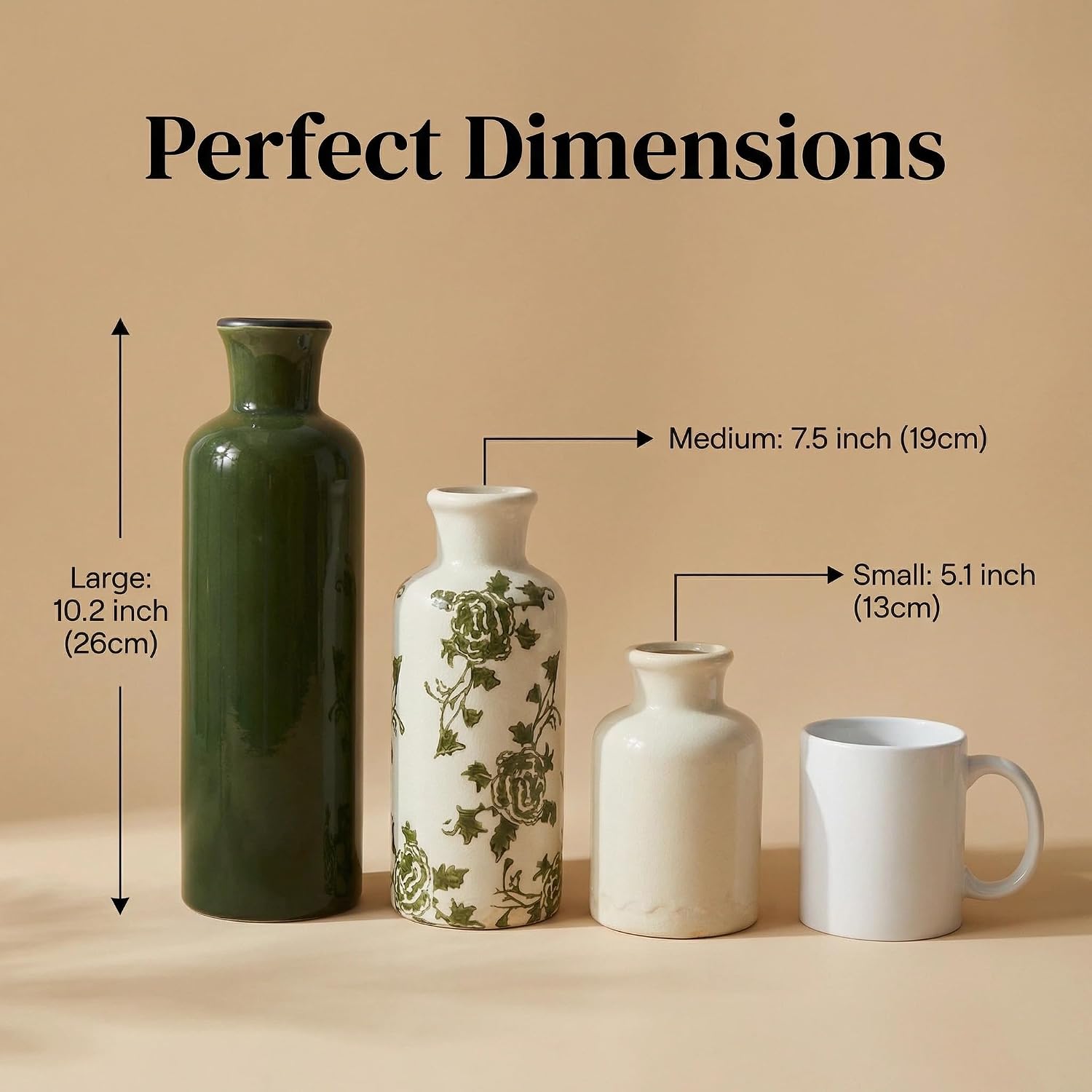 Ceramic Vintage Vase / Green White / Set of 3