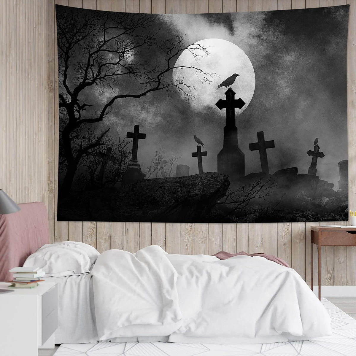 HVEST Halloween Tapestry Full Moon Black Crow Tombstone Dead Tree Tapestry for Bedroom, Scary Grey Cemetery Forest Wall Decor Blanket Home Holiday Living Room Decorations, 59W X 51H Inches