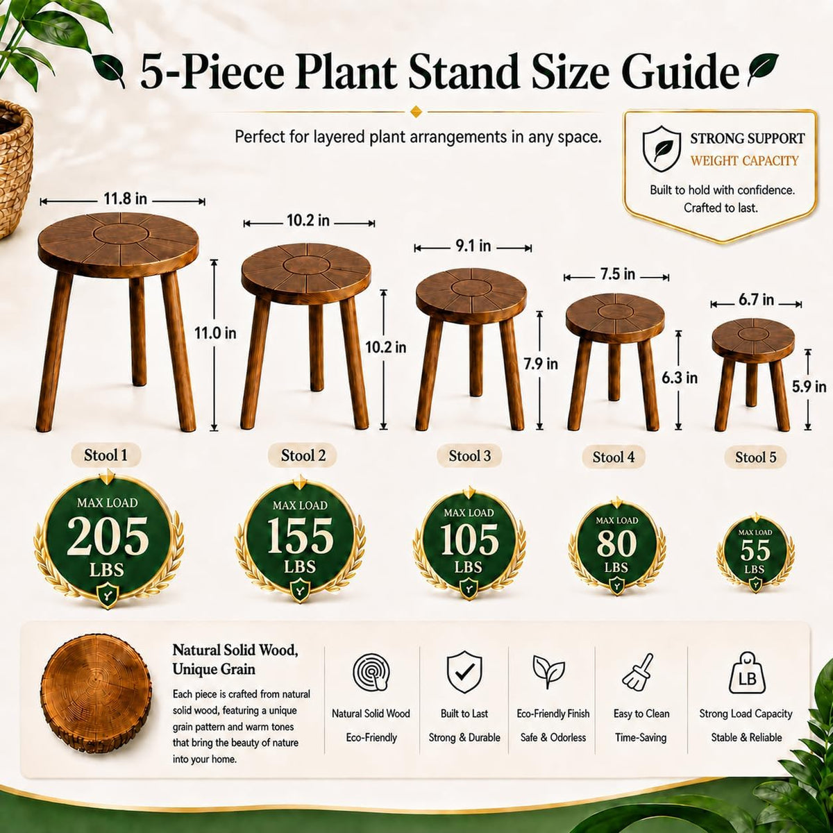 5-Pack Single Wood Plant Stands for 6-12 Inch Pots, Indoor Set | Five Heights Create a Balanced, Layered Plant