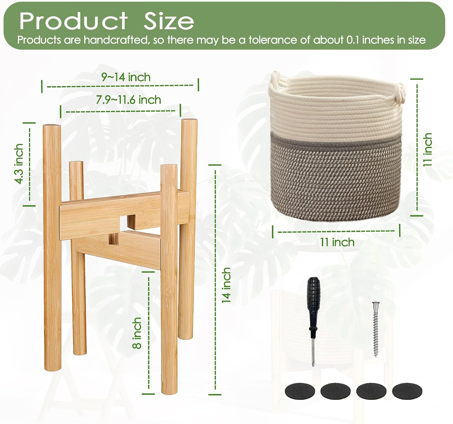 Flower Pot Rattan Plant Stand Planter with Stand, Tall Indoor Boho Woven Wicker Storage Basket with Adjustable Wood