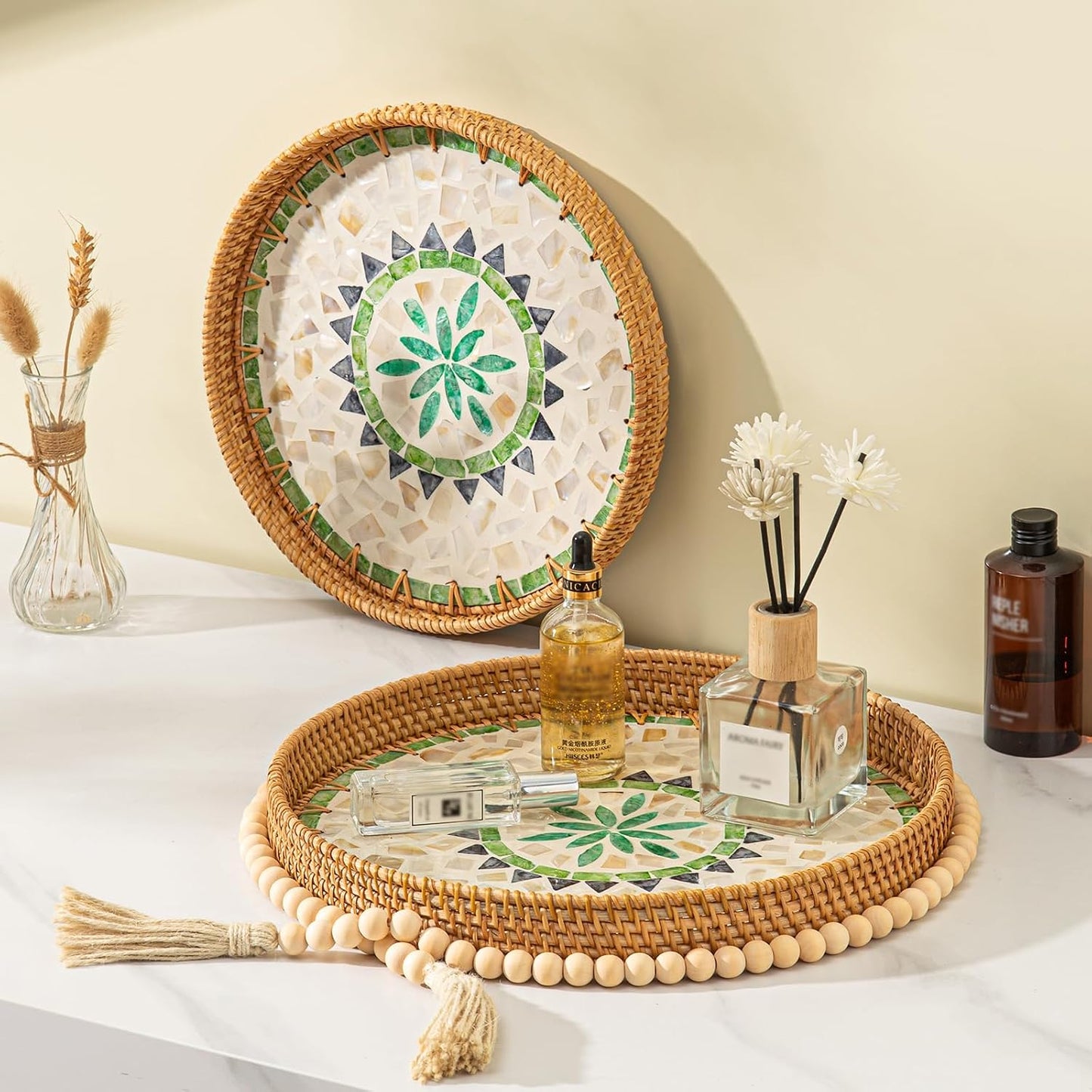 Wicker Serving Tray / Bohemian / 14 Inch