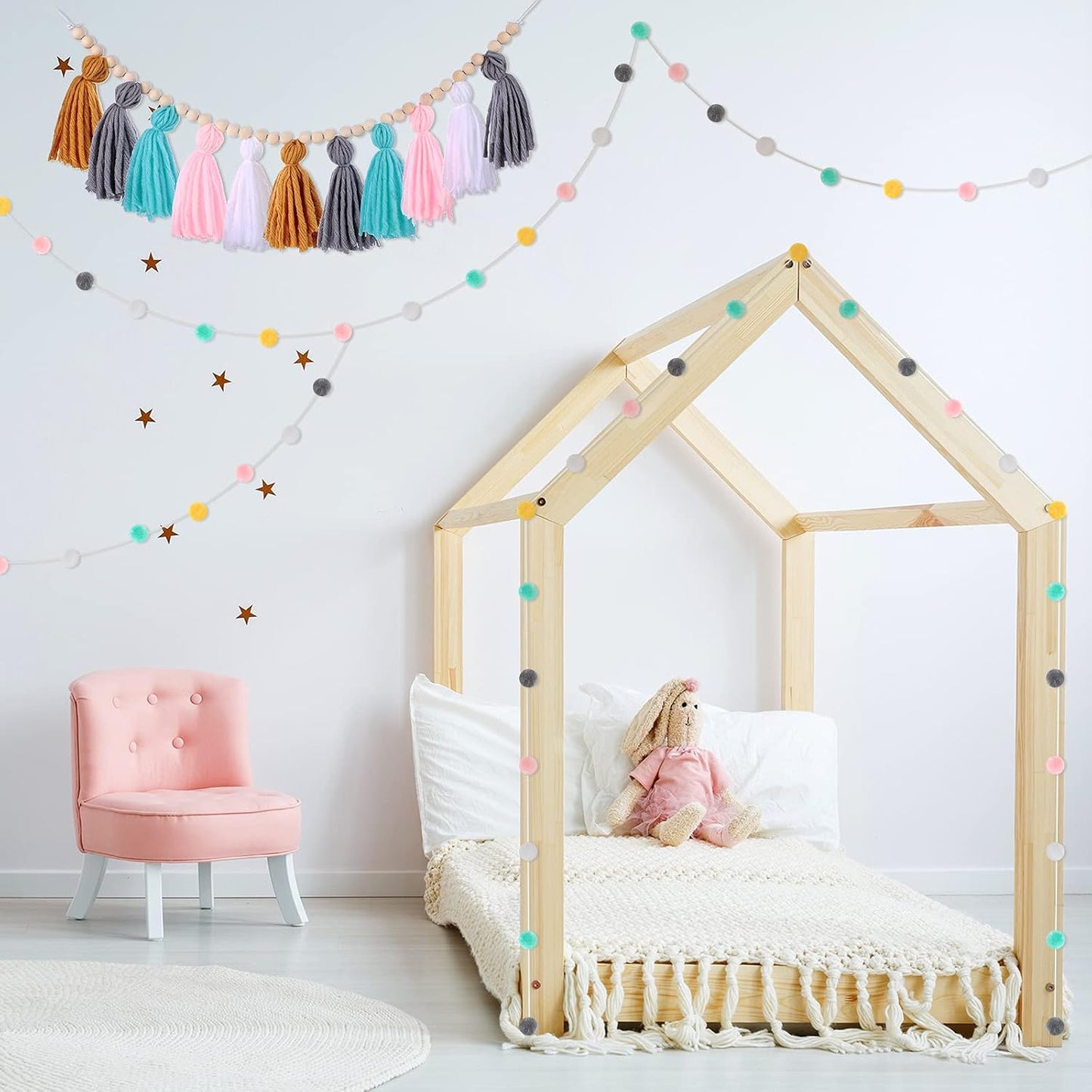 79" 2 Pom Pom Garland Wall Decor and 36" 1 Boho Tassel Garland / Simple Colors / Set of 3