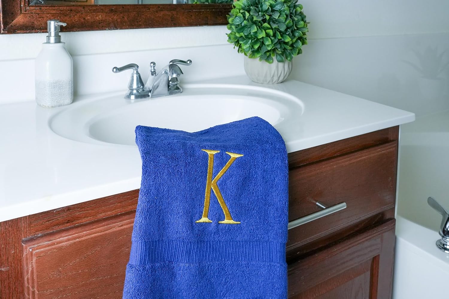 Navy with Gold Monogrammed Hand Towels for Bathroom - Set of 2 Letter K | Luxury Hotel Quality Initial Towels For