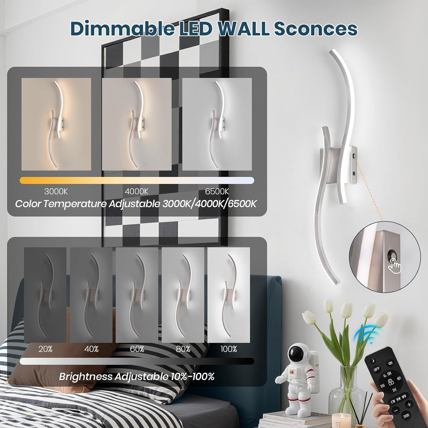 Battery Operated Wall Sconces Set of 2, Rechargeable Dimmable Battery Wall Light with Remote Control, Brushed Nickel