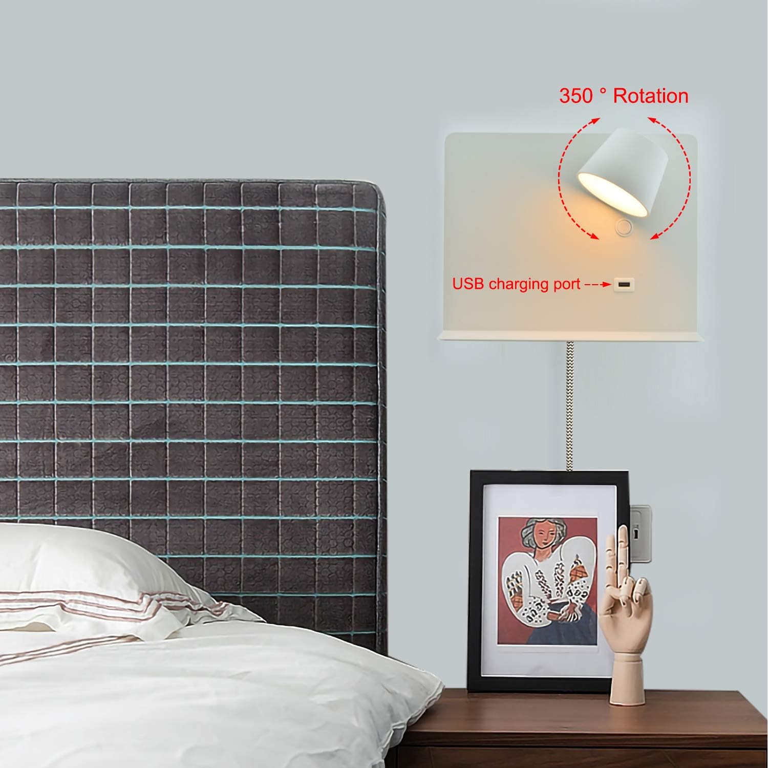 Wall Sconce with USB Port Charging, LED Wall Lamp with Shelf Plug in Cord Reading Lights for Bedside Adjustable