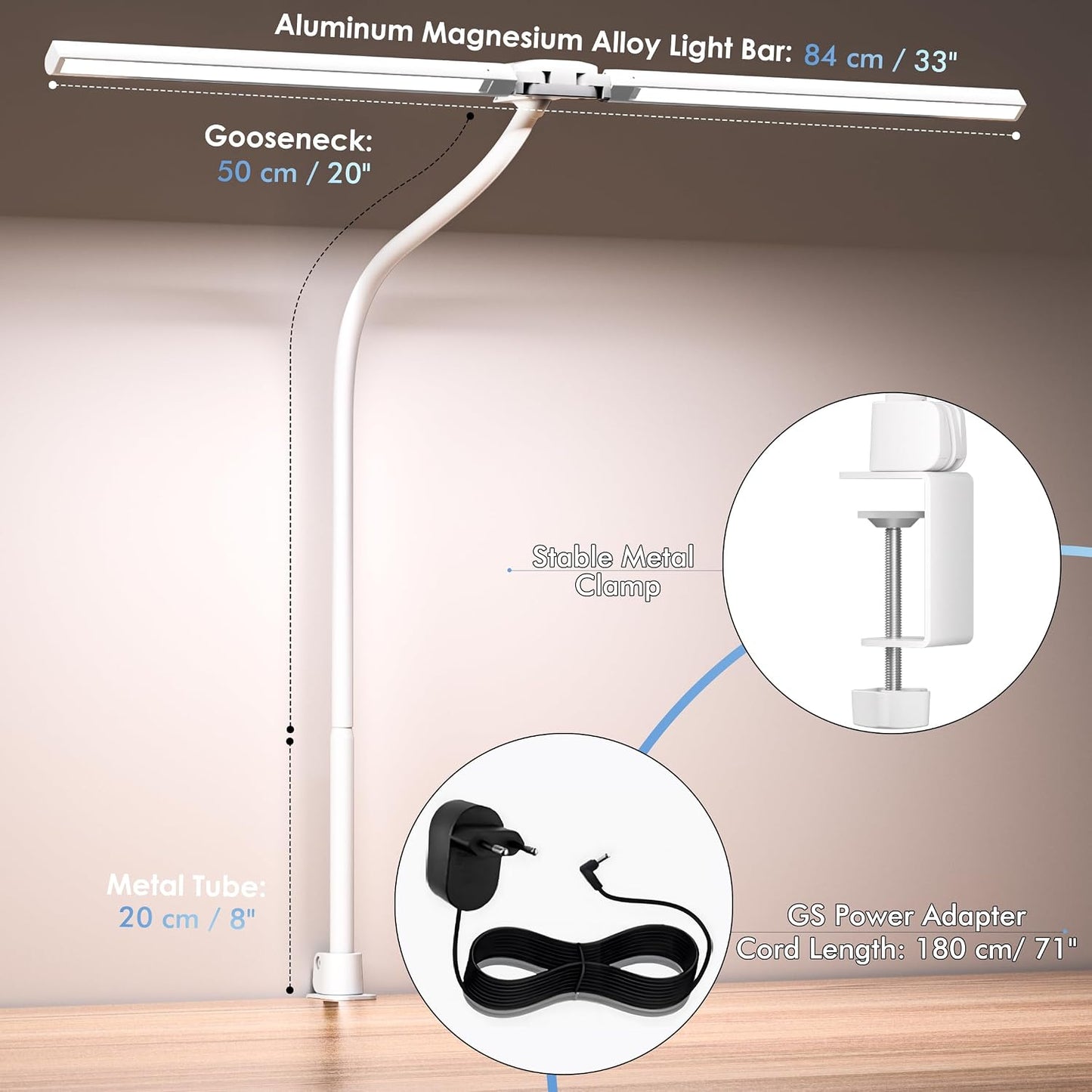 EYOCEAN Desk Lamp with Clamp, 31.5" LED Desk Lamp for Home Office, 24W Double Head Desk Light, Dimmable & Color
