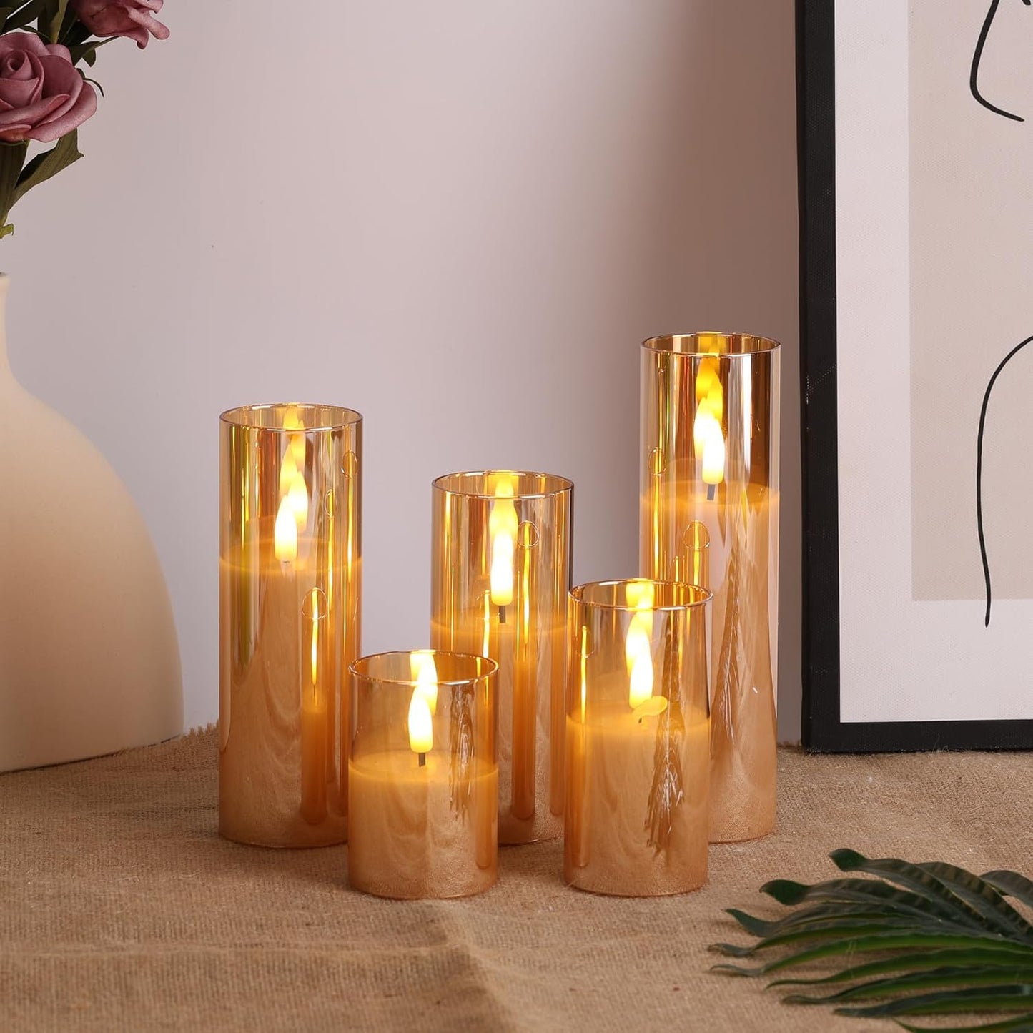 Amber Gold Glass Flameless Pillar Candles with Remote Set of 5 | Flickering Fall LED Candles, Batteries Included