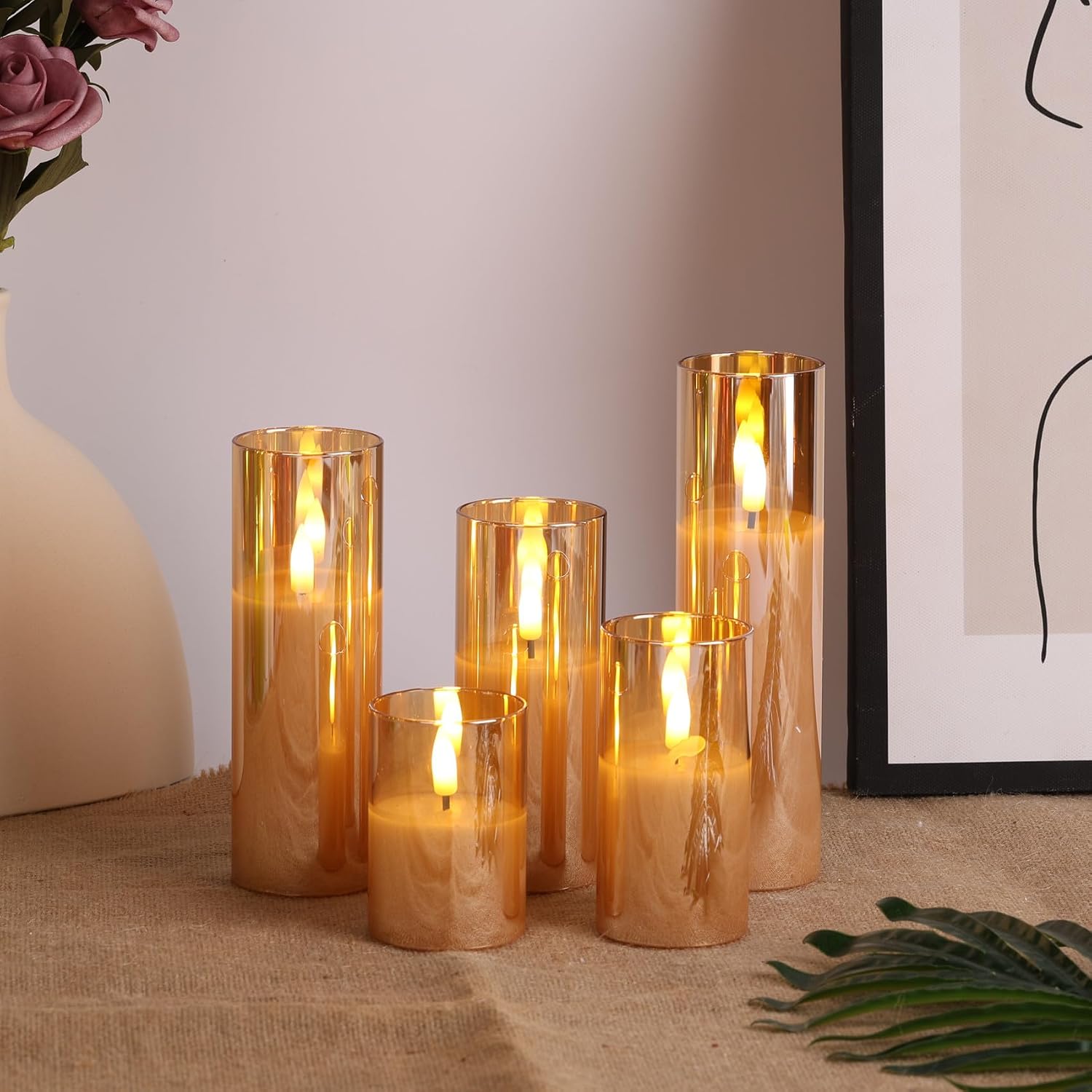 Amber Gold Glass Flameless Pillar Candles with Remote Set of 5 | Flickering Fall LED Candles, Batteries Included