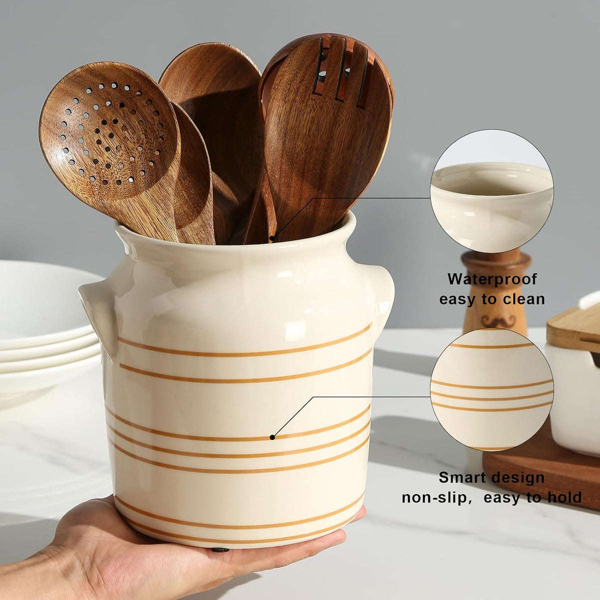 Ceramic Farmhouse Kitchen Utensil Holder for Countertop, Rustic Cooking Utensil Holder Crock Fit for Kitchen Counter.