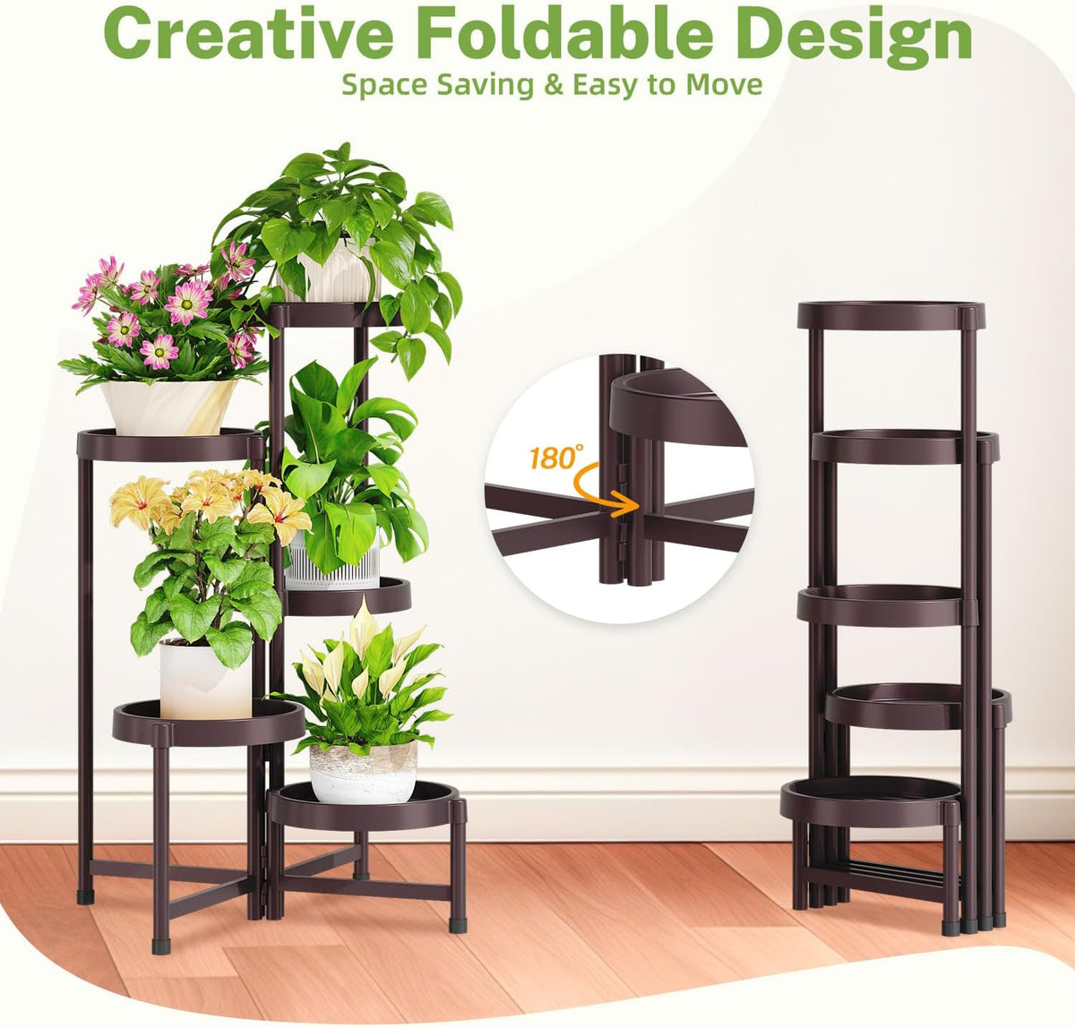 iDavosic.ly 5 Tier Folding Plant Stand Indoor Outdoor, Plastic Tray, Bronze | Space Saving Tiered Corner Storage