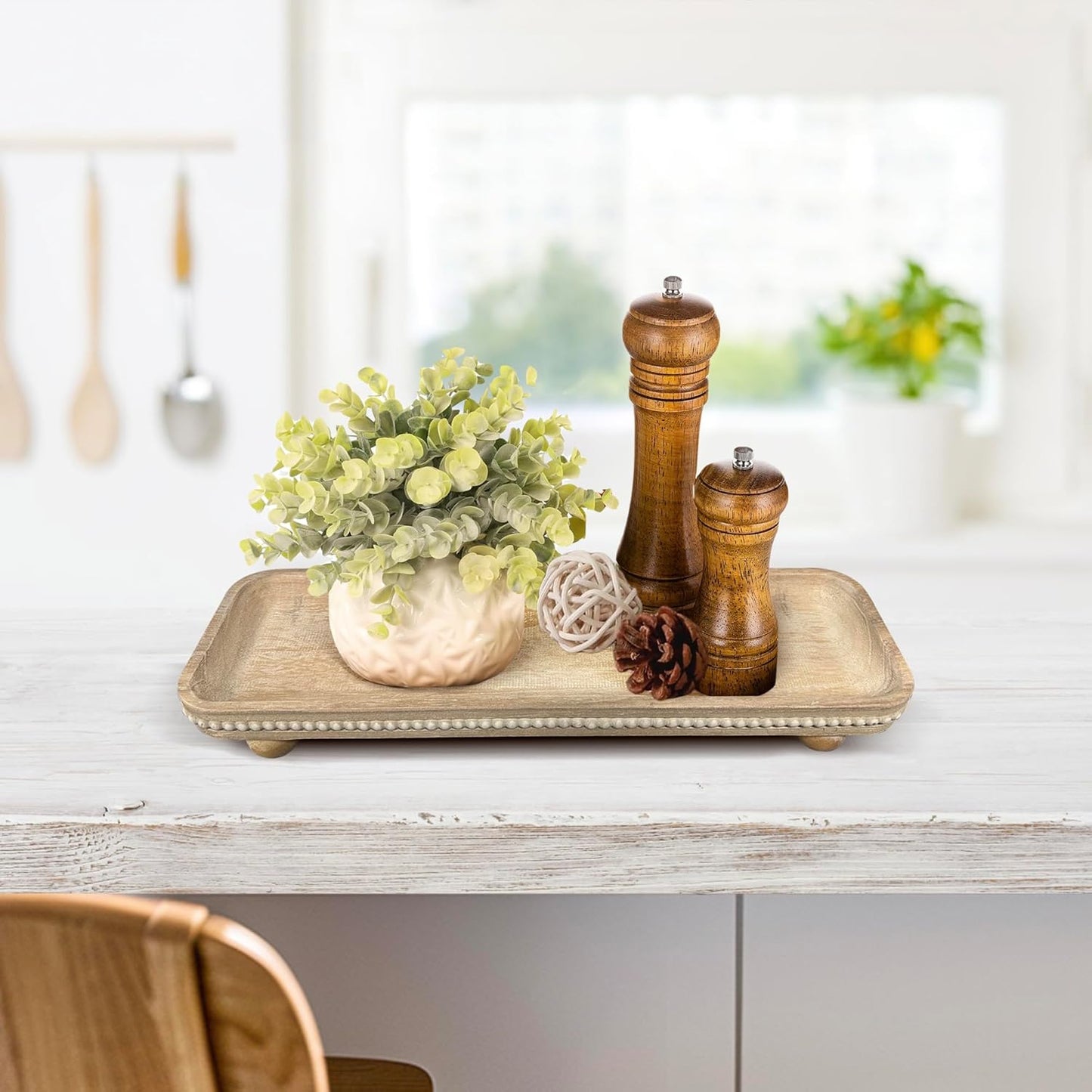 Oval Wooden Decorative Tray / White Wash