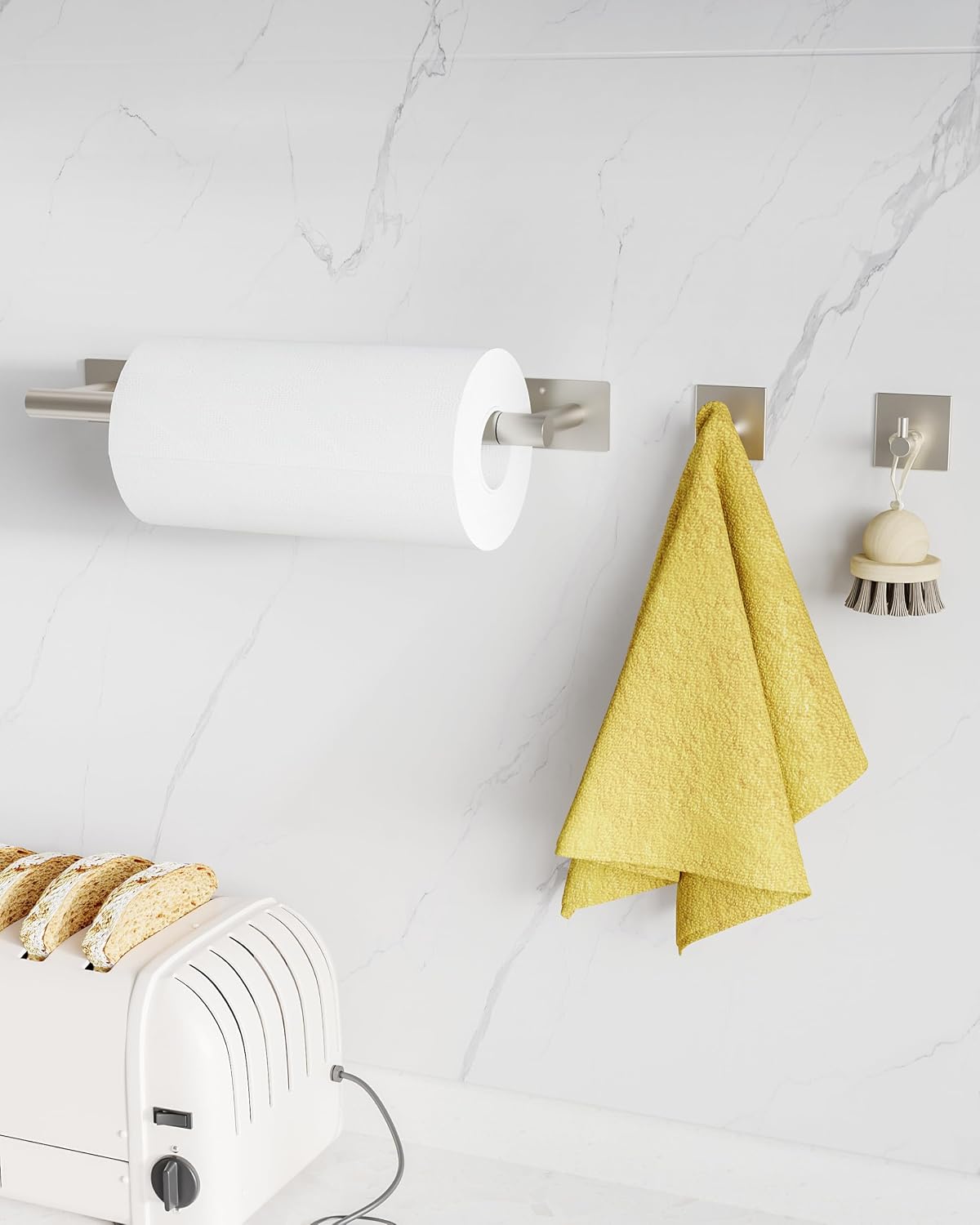 Paper Towel Holder Under Cabinet with 2Hooks Self Adhesive Silver | Brushed Nickel 304 Stainless Steel Post Pivoting