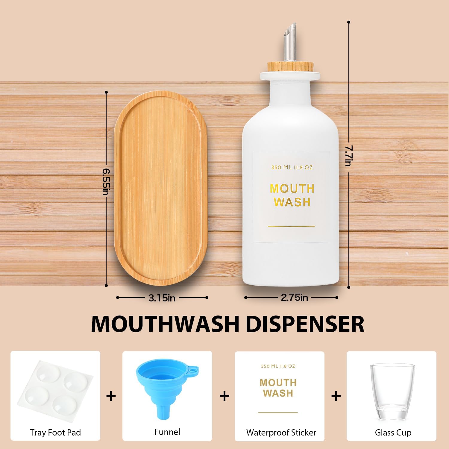 11.8OZ Mouthwash Dispenser, Set of 2, White | Bamboo & Stainless Steel Pour Spout, Mouthwash Cups Reusable, Bamboo