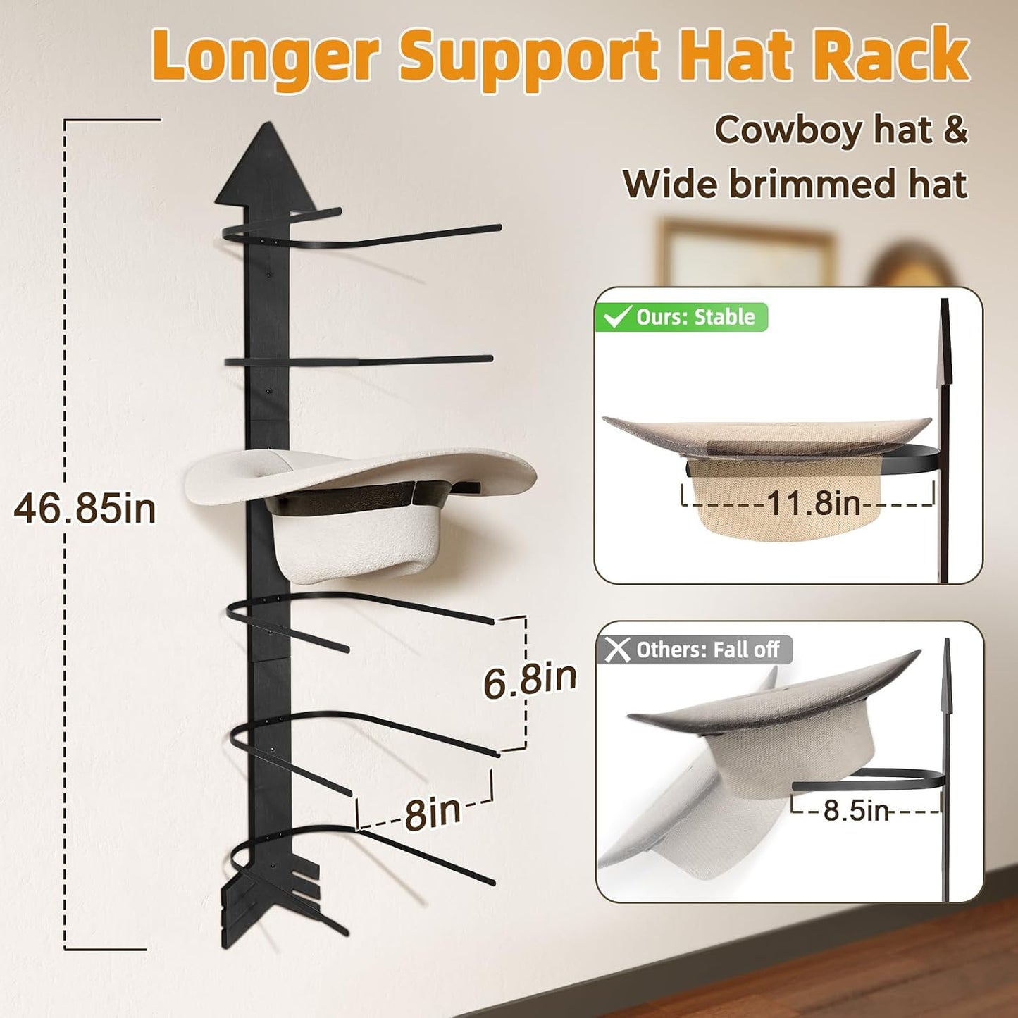 Cowboy Hat Holder for Wall, Cowboy Hat Rack Arrow Wood for Bedroom | Western Wall Decor for Entryway Closet Living