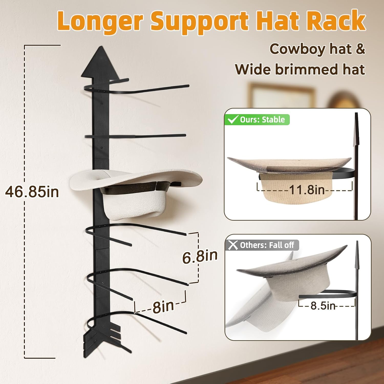 Cowboy Hat Holder for Wall, Cowboy Hat Rack Arrow Wood for Bedroom | Western Wall Decor for Entryway Closet Living