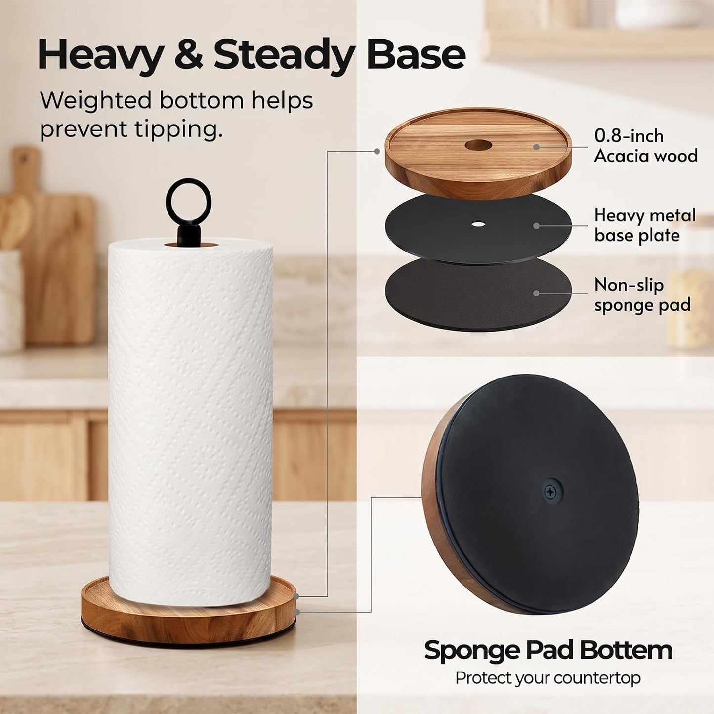 WILDMOS Paper Towel Holder Countertop, Solid Acacia Wood with Thick Metal Base, Black Freestanding Paper Towel Holder