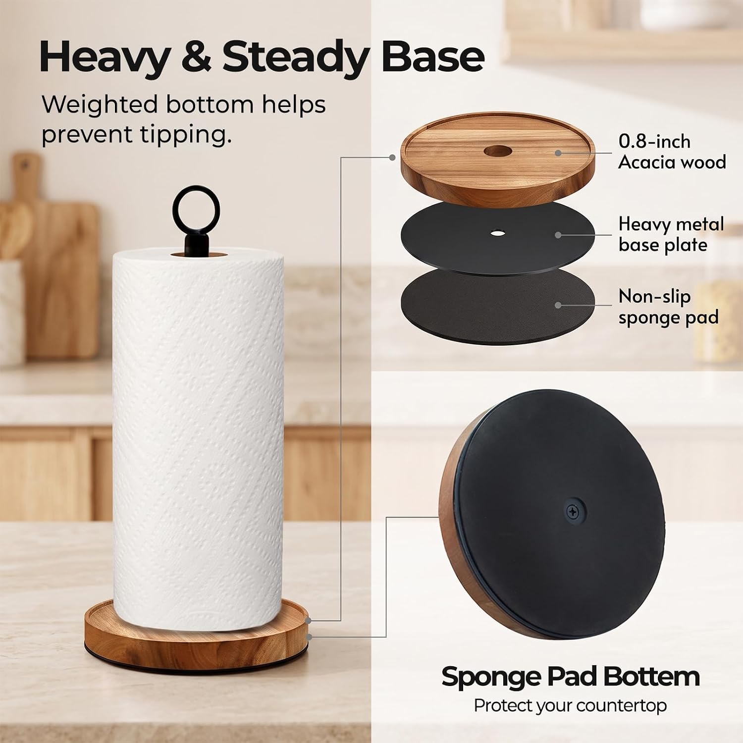 WILDMOS Paper Towel Holder Countertop, Solid Acacia Wood with Thick Metal Base, Black Freestanding Paper Towel Holder
