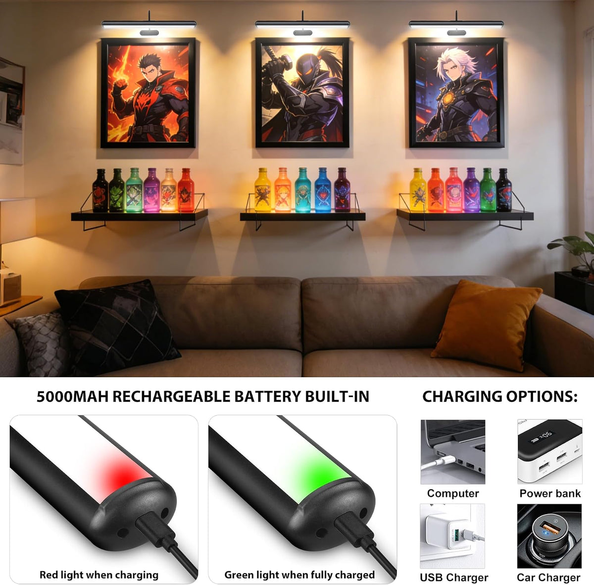 Set of 2 Picture Lights with Timer Dimmer, Painting Light with Remote Rechargeable Battery ,Wall Art 3 Lighting Colors