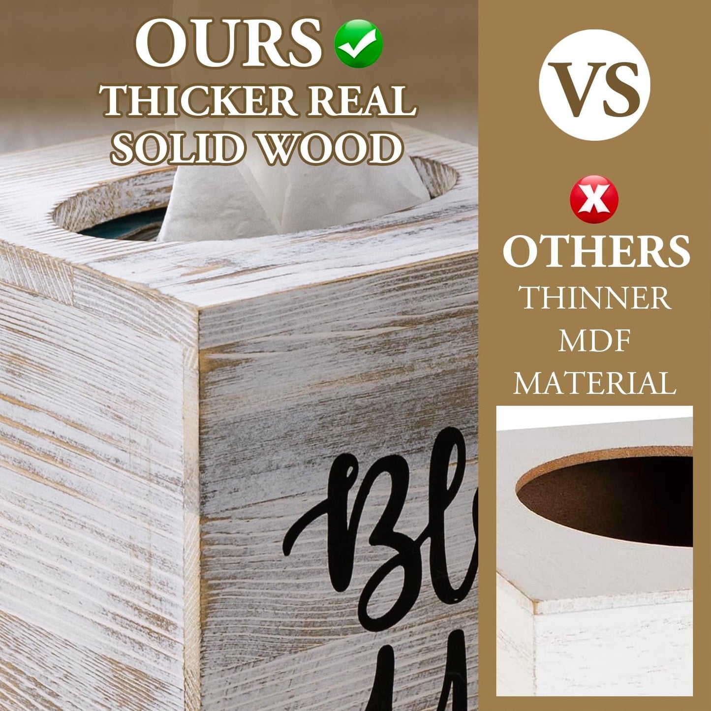 Washed Solid Wood Square Tissue Box Cover Holder Decorative Tissue Dispenser / Whitewashed / White