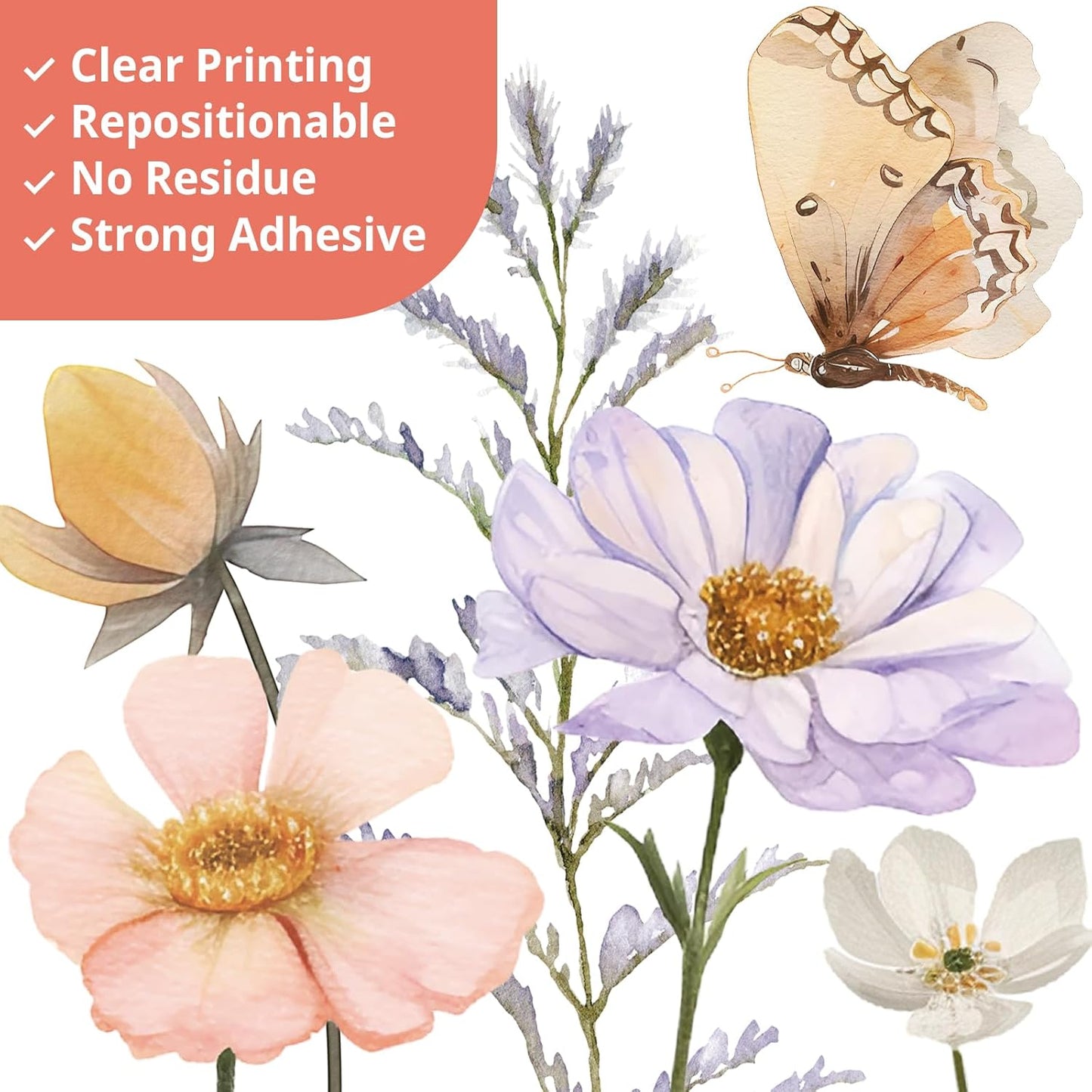 SG2-2513 Boho Wild Flower Wall Decals Botanical Peel and Stick Removable Stickers