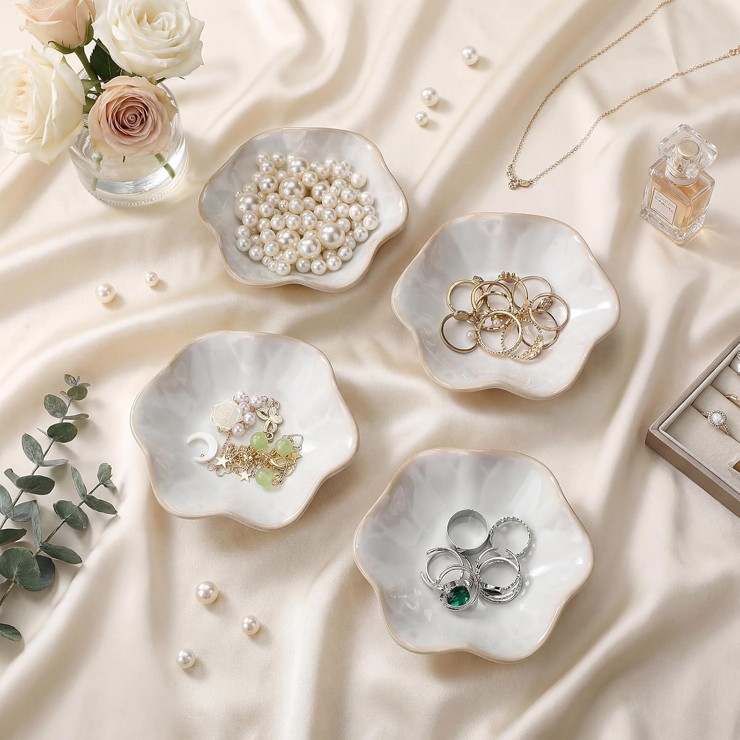 Small Jewelry Dish Trinket Holder Tray for Rings Earrings Key Bowl / White / Ceramic / Set of 4