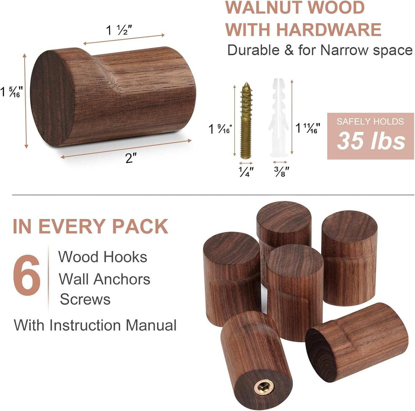 Wood Wall Hooks for Hanging / Black Walnut / Set of 6