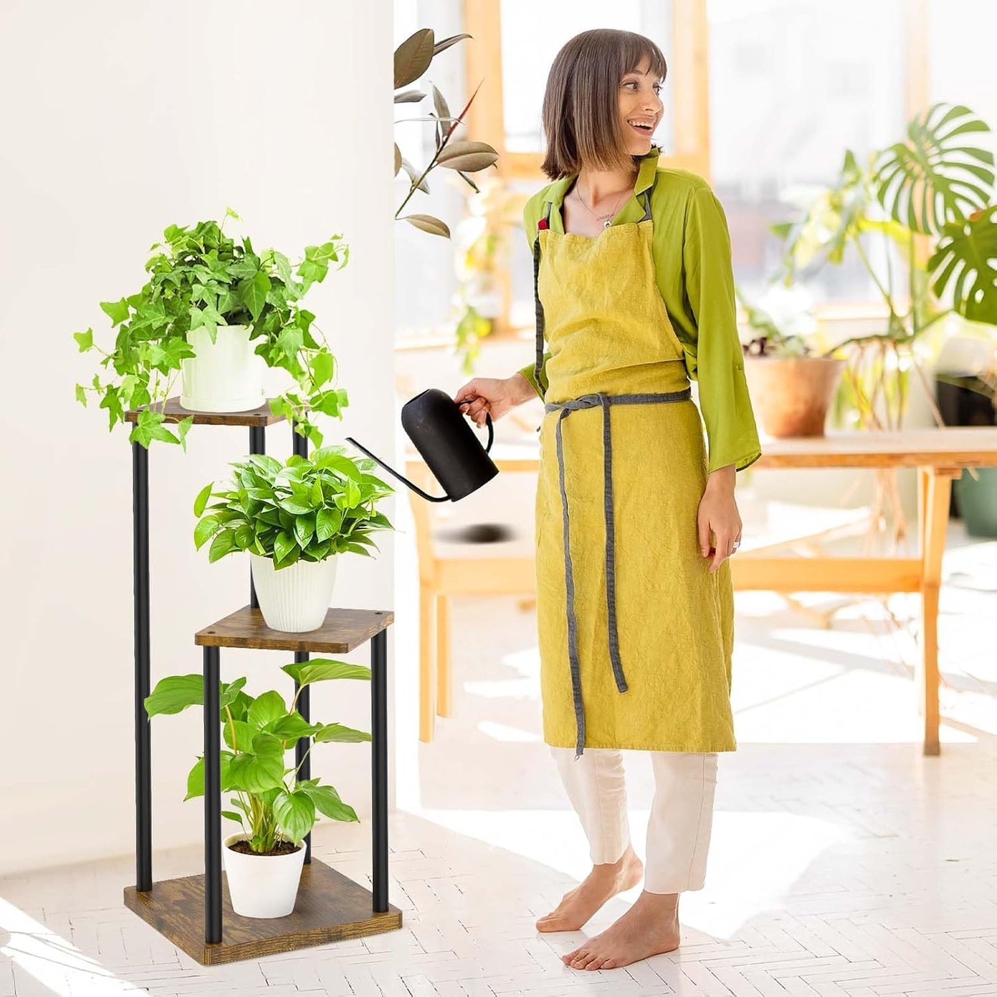 Plant Stand Indoor, Oppro 3 Tier Corner Metal Wood Flower Pot Holder Shelf | Multiple Display Rack Square Table for