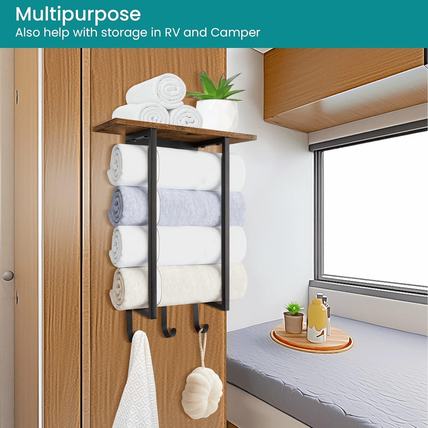 ELITEROO Towel Racks for Bathroom Wall Mounted, Hanging Towel Holder | Wood Towel Rack Shelf with 3 Hook for Washcloths