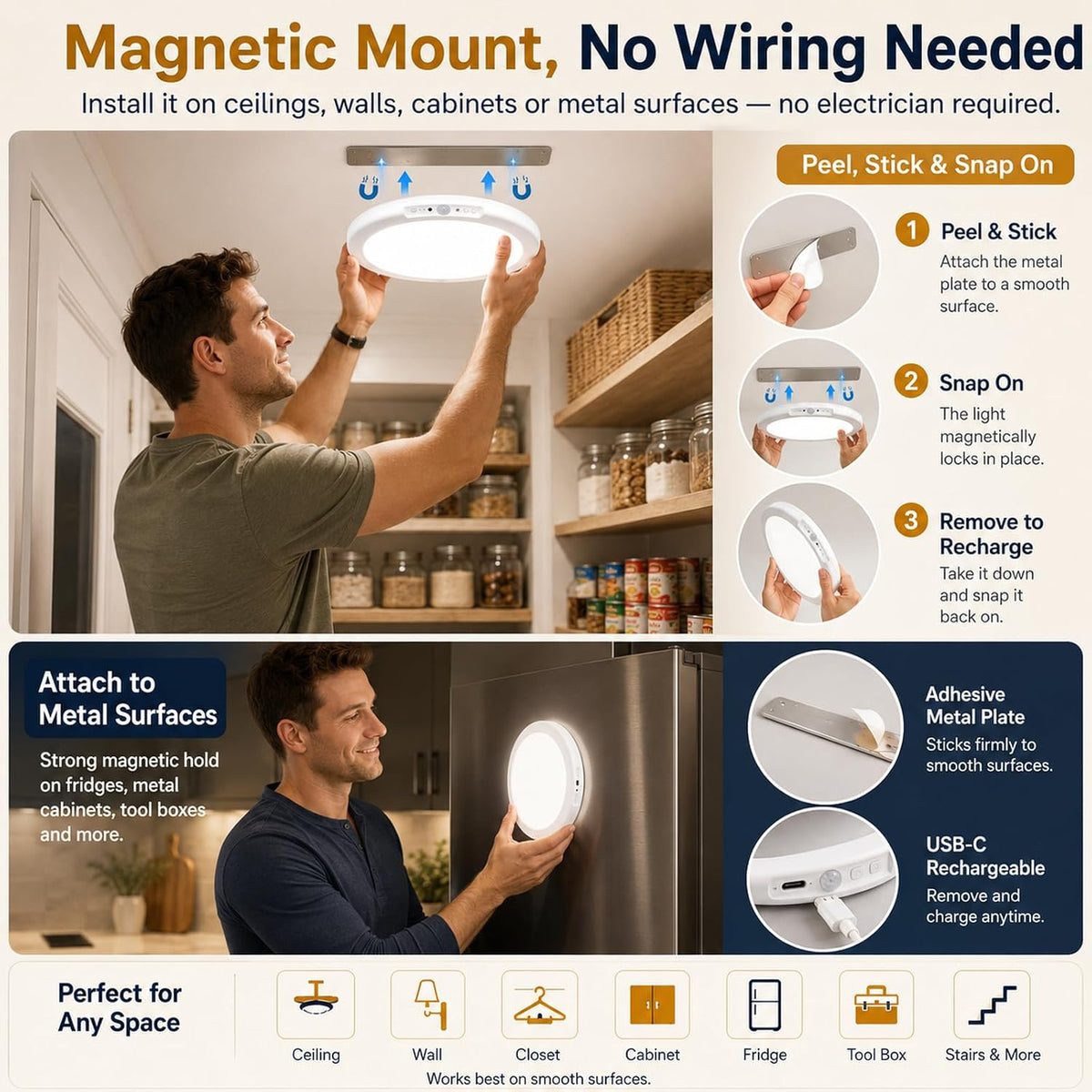 4 Packs Wireless Closet Lights Motion Sensor with Remote, 3 Color & 3 Mode Dimmable Magnetic Rechargeable LED Ceiling