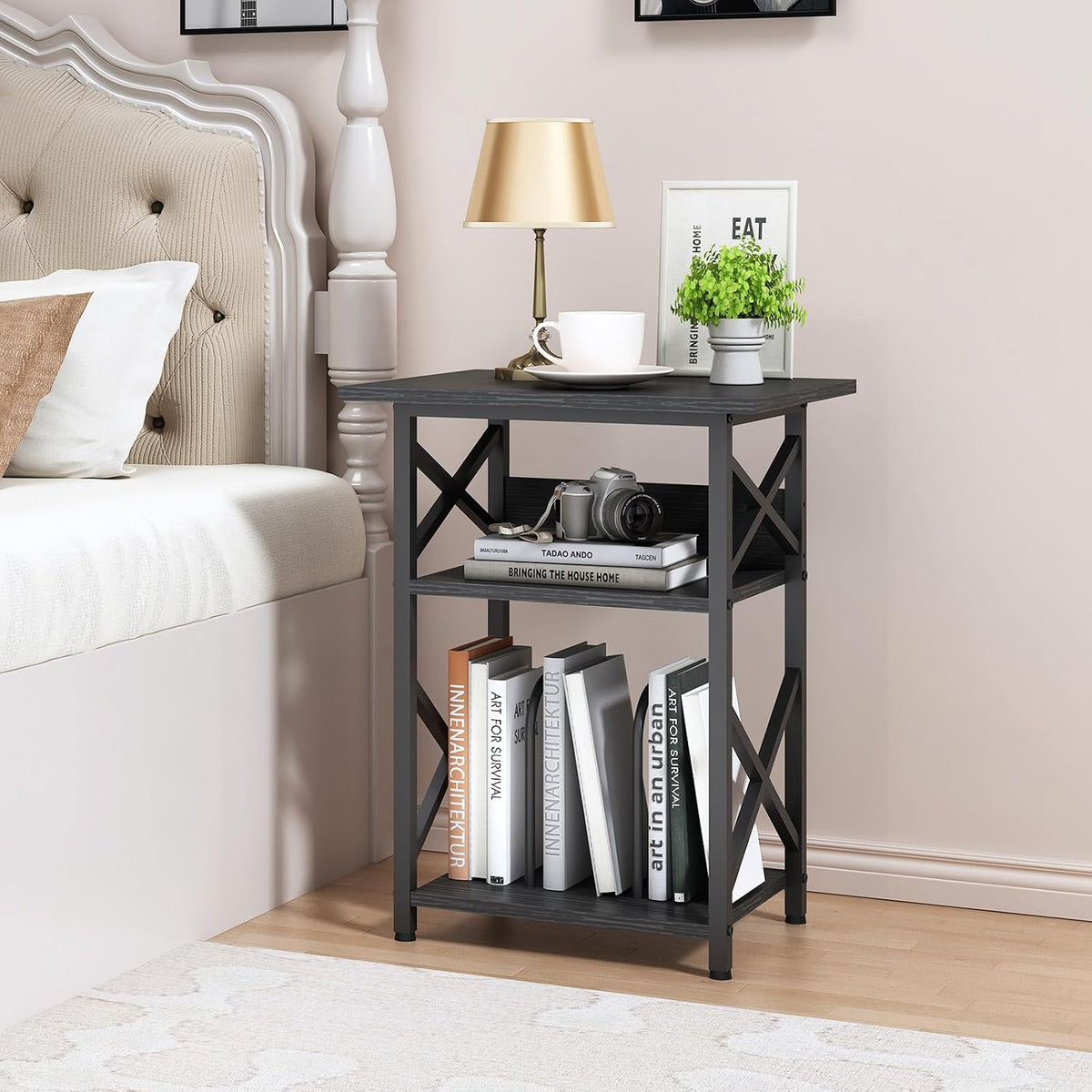 Record Player Stand with Large Desktop, Record Player Table with Vinyl Storage, 3 Tier End Table with Dividers