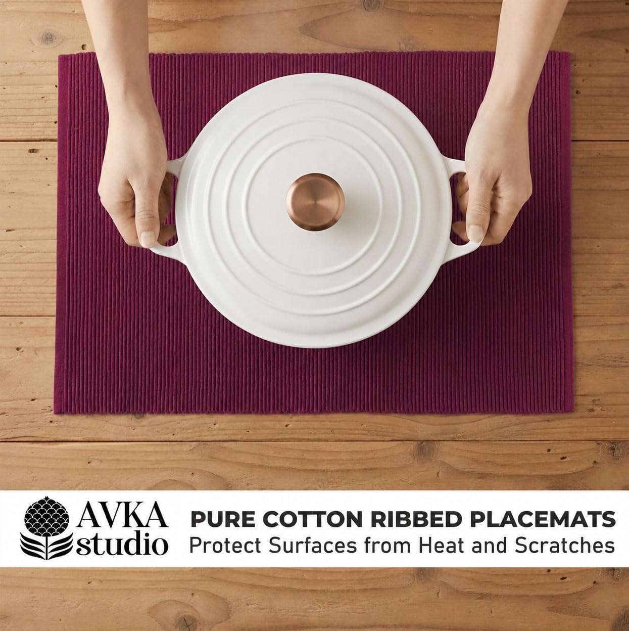 100% Cotton Ribbed Placemats - Set of 4-13 x 19 Inches - Wine - Everyday Cloth Table Mats - Thick Construction