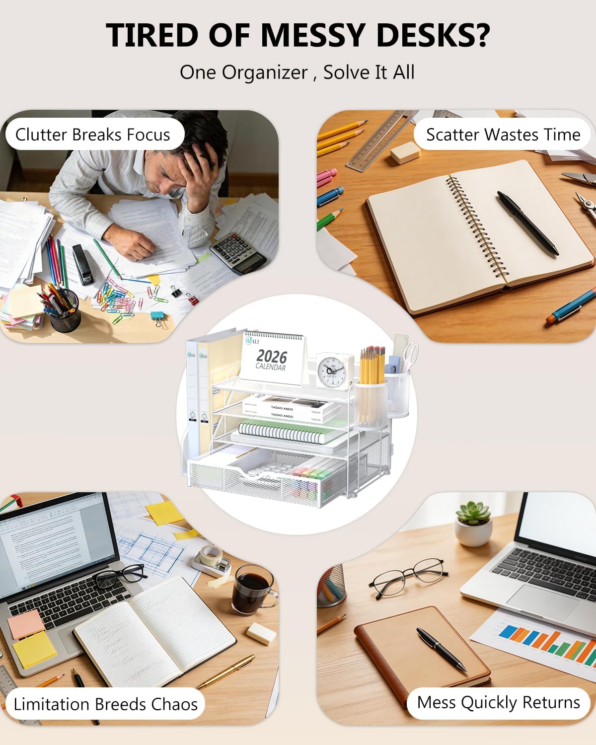 WALI Desk File Organizer, 4 Tier Desktop Paper Letter Tray Organizer with Drawer and 2 Pen Holders, Office Desk