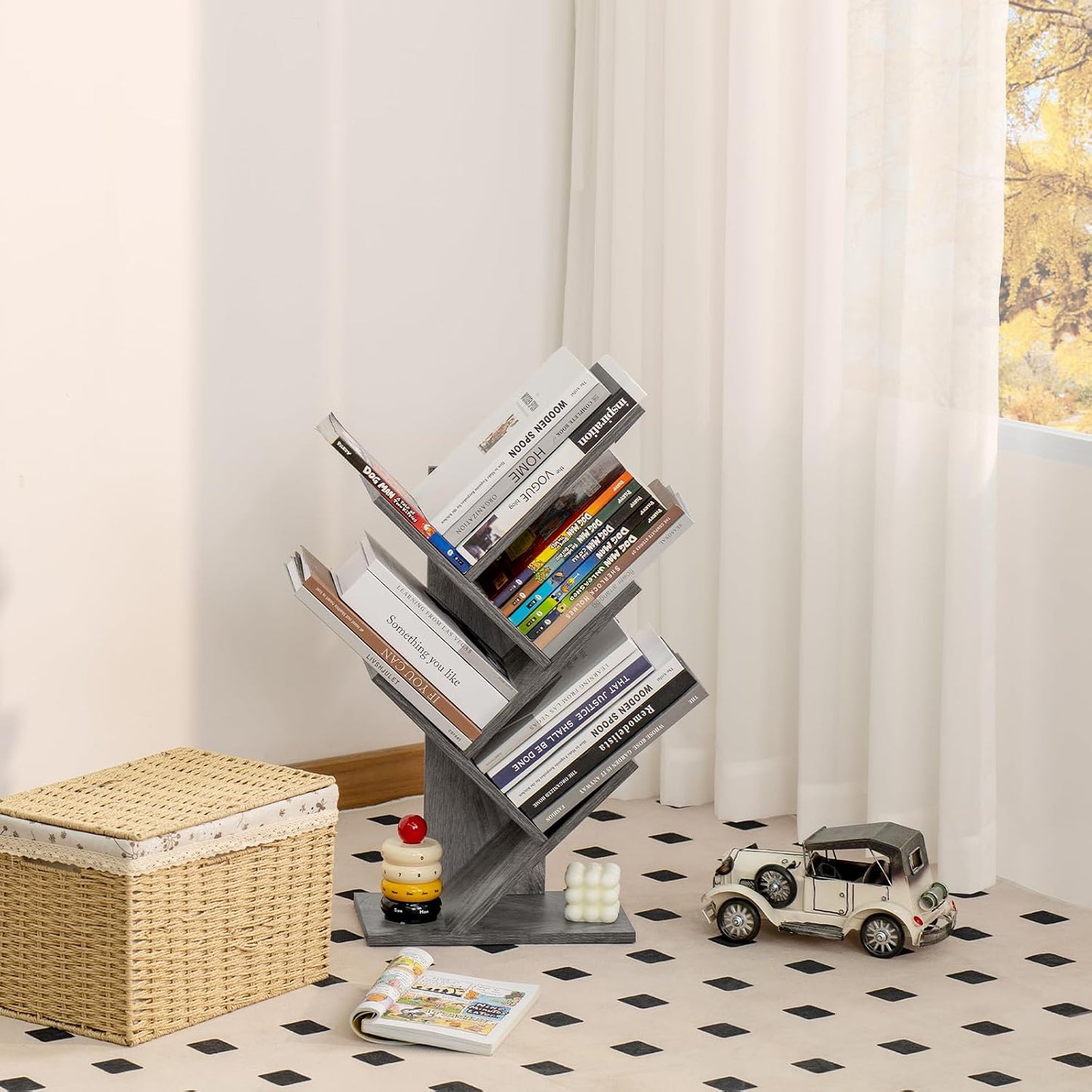 SHEEPAM Small Tree Book Shelf,5 Tier Bookshelf, Wood Desktop Bookcase | Modern Desk Display Storage Bookshelves,Space