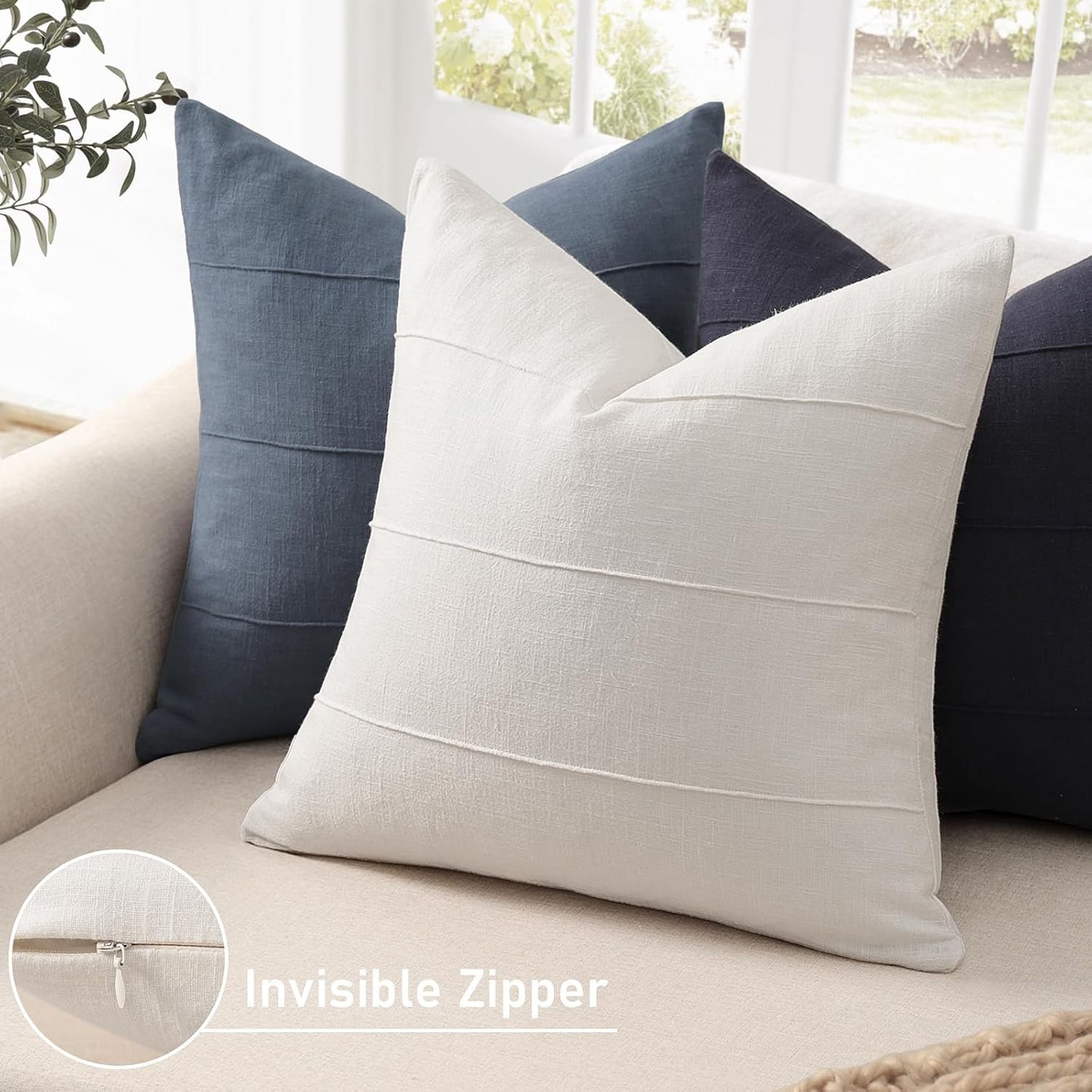 Decorative Linen Throw Pillow Covers Solid handcrafted Striped / Cream White / 18 x 18 / Set of 2