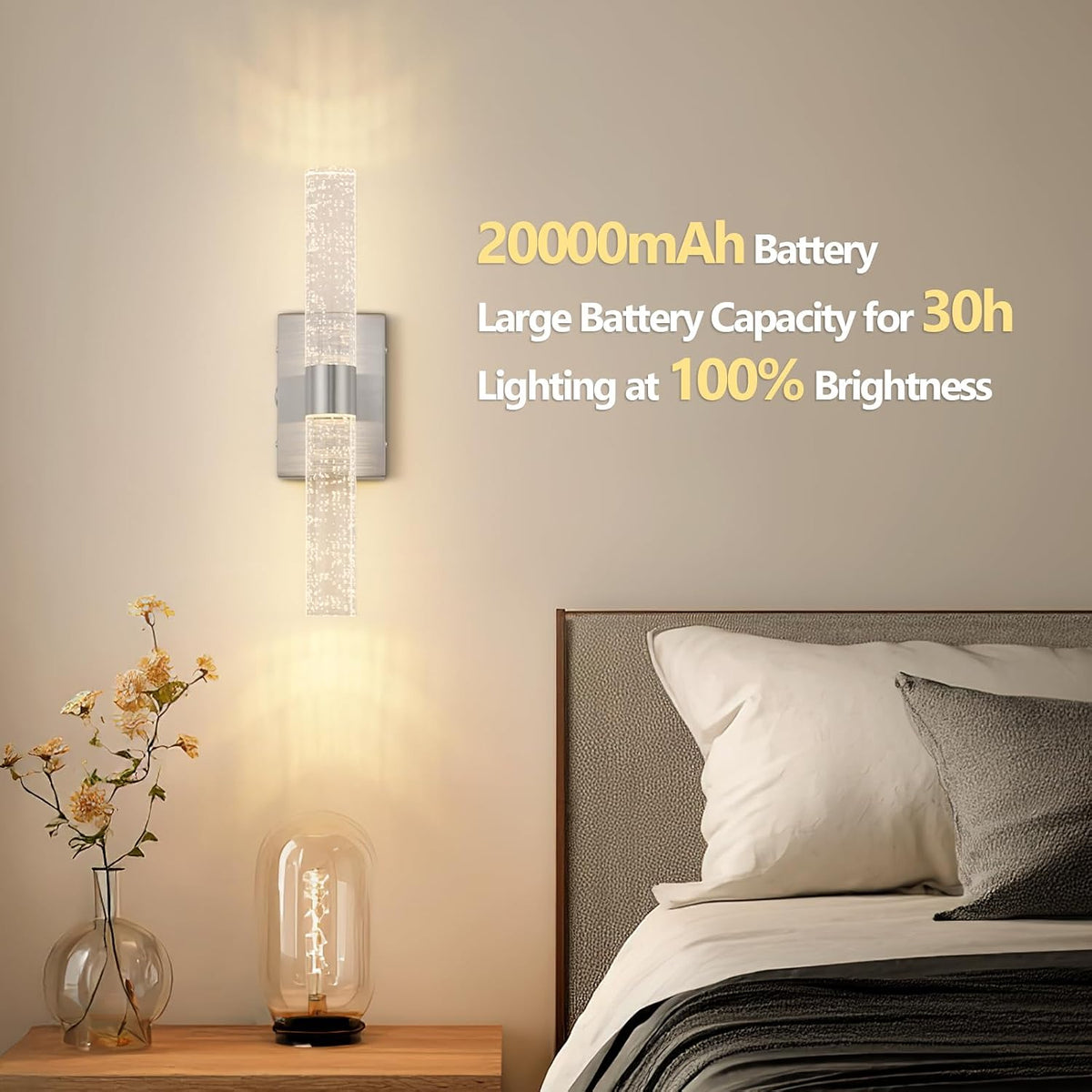 Battery Operated Wall Sconces Set of 2, 20000mAh Rechargeable Wall Light | Remote Control 3000K-6000K Dimmable LED