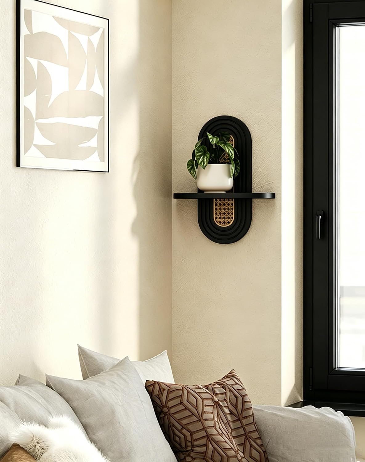 Floating Shelves / Rattan Plant Shelf / Black / Set of 2