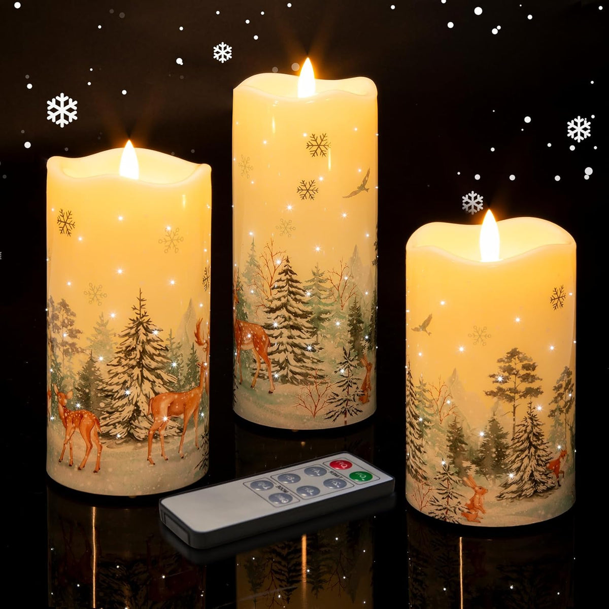 Eywamage Fiber Optic Christmas Flameless Pillar Candles with Remote, Flickering Forest Deer Holiday LED Battery Candles Set of 3