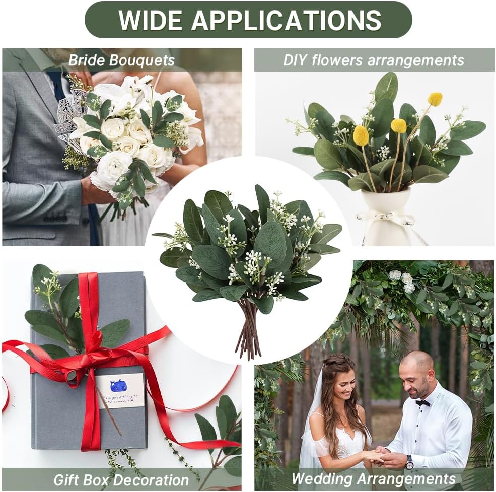 Faux Eucalyptus Branches Greenery / White / Set of 12