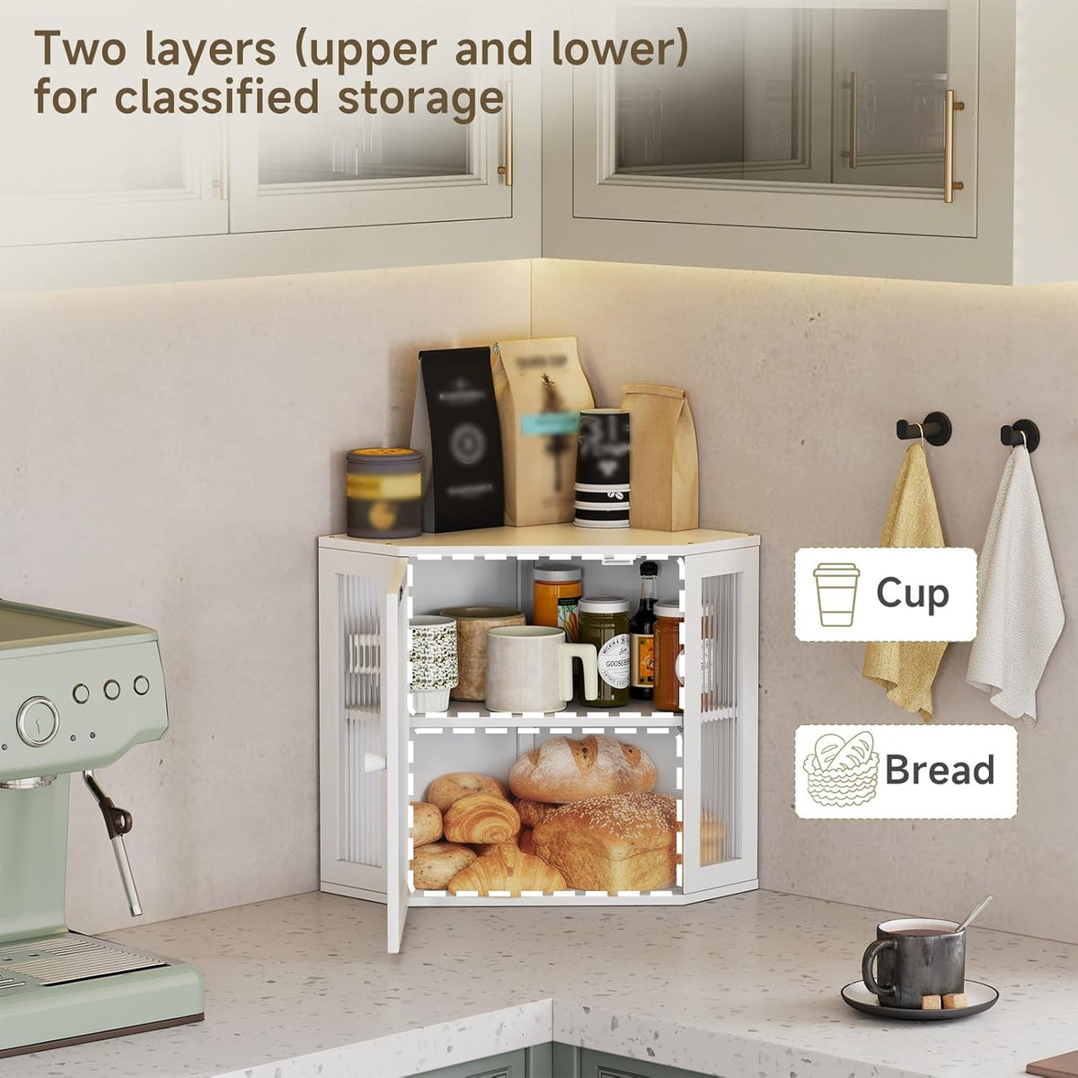 Corner Bread Box for Kitchen Countertop,Bread Storage Bin (White, Medium) | Double Layer Large Capacity Bamboo Bread