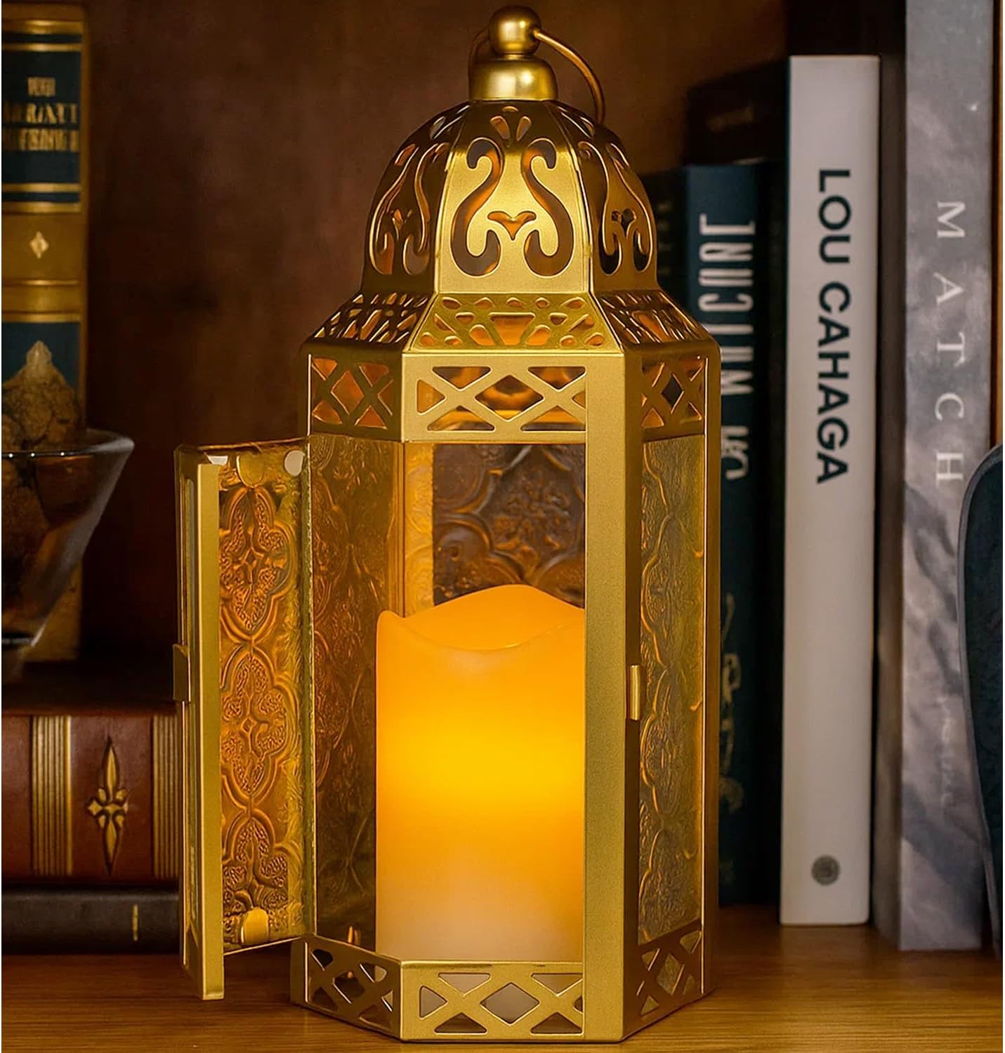 Vela Lanterns Decorative Indoor Moroccan Candle Holders, Gold, M, 2-Pack | Ramadan Decorations for Home, Eid Candle