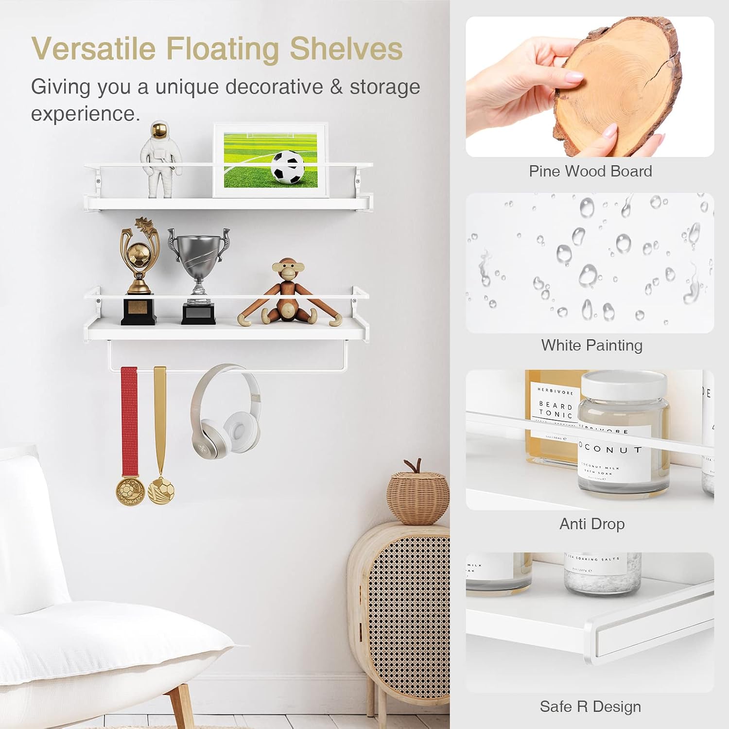 Forbena Bathroom Shelves for Wall Set of 2, White Nursery Floating Book Shelves for Kids Room, Small Wall Mount