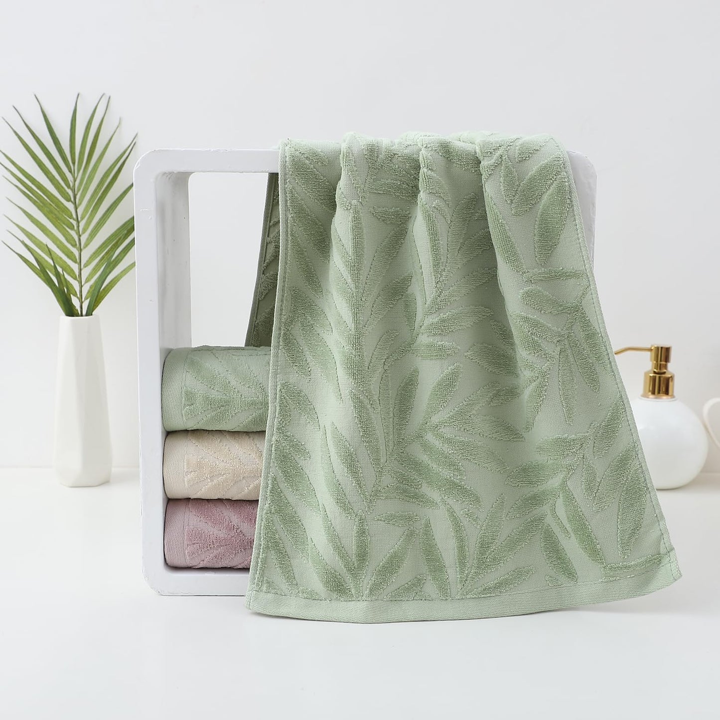Hand Towels Set of 4 Leaf Pattern 100% Cotton Absorbent Soft Decorative Towel for Bathroom (Green)